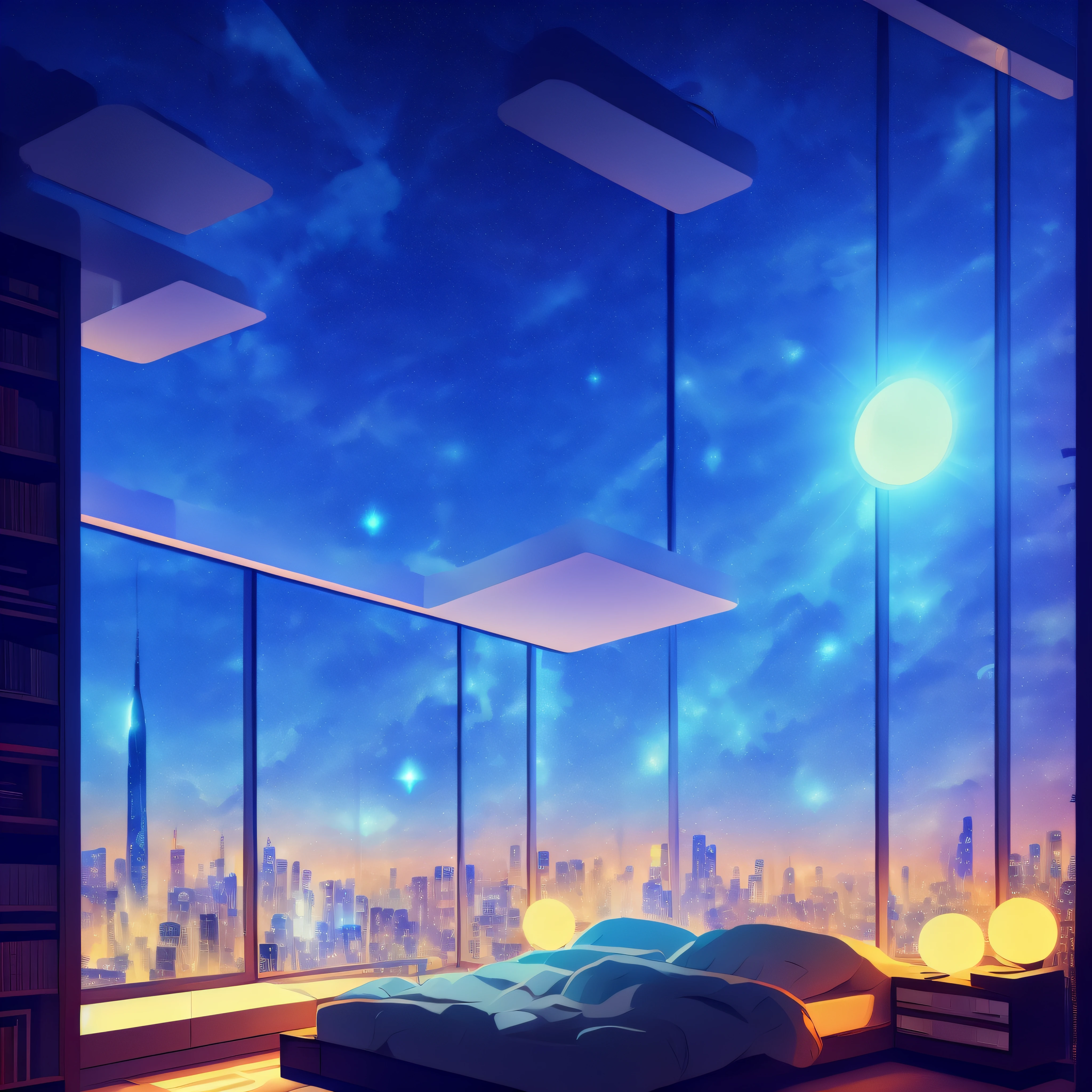 Cold Light Source Technology Cyberpunk Mechanical Minimalism Deconstructivism Bedroom Background Image Floor-to-ceiling windows Bright fluorescent Starry Sky Armor Artificial Intelligence Starry Sky Cold Light Source Only one bed