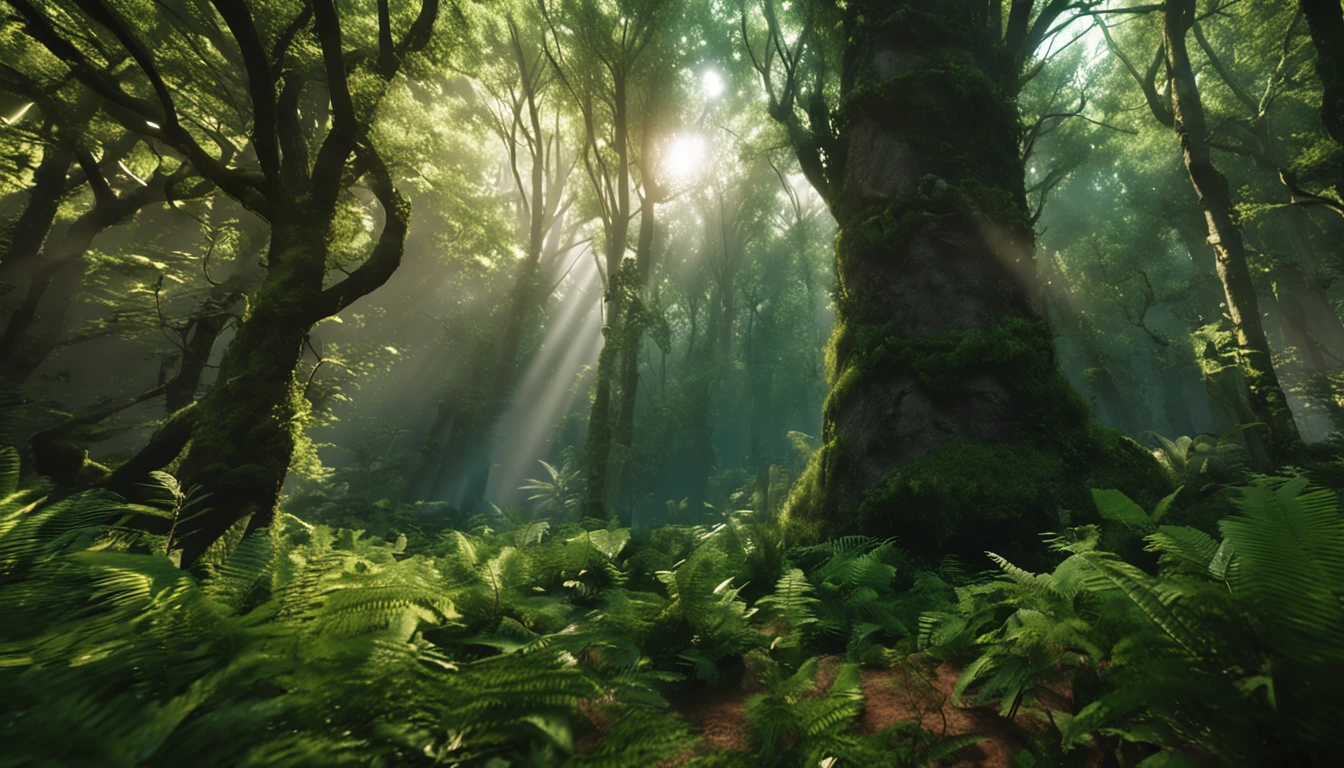 (lush green forest:1.2, Frontal lighting:1.2, Dynamic Low Angle View:1.2, high level of detail:1.2)