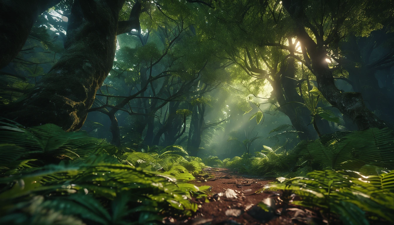 (lush green forest:1.2, Frontal lighting:1.2, Dynamic Low Angle View:1.2, high level of detail:1.2)