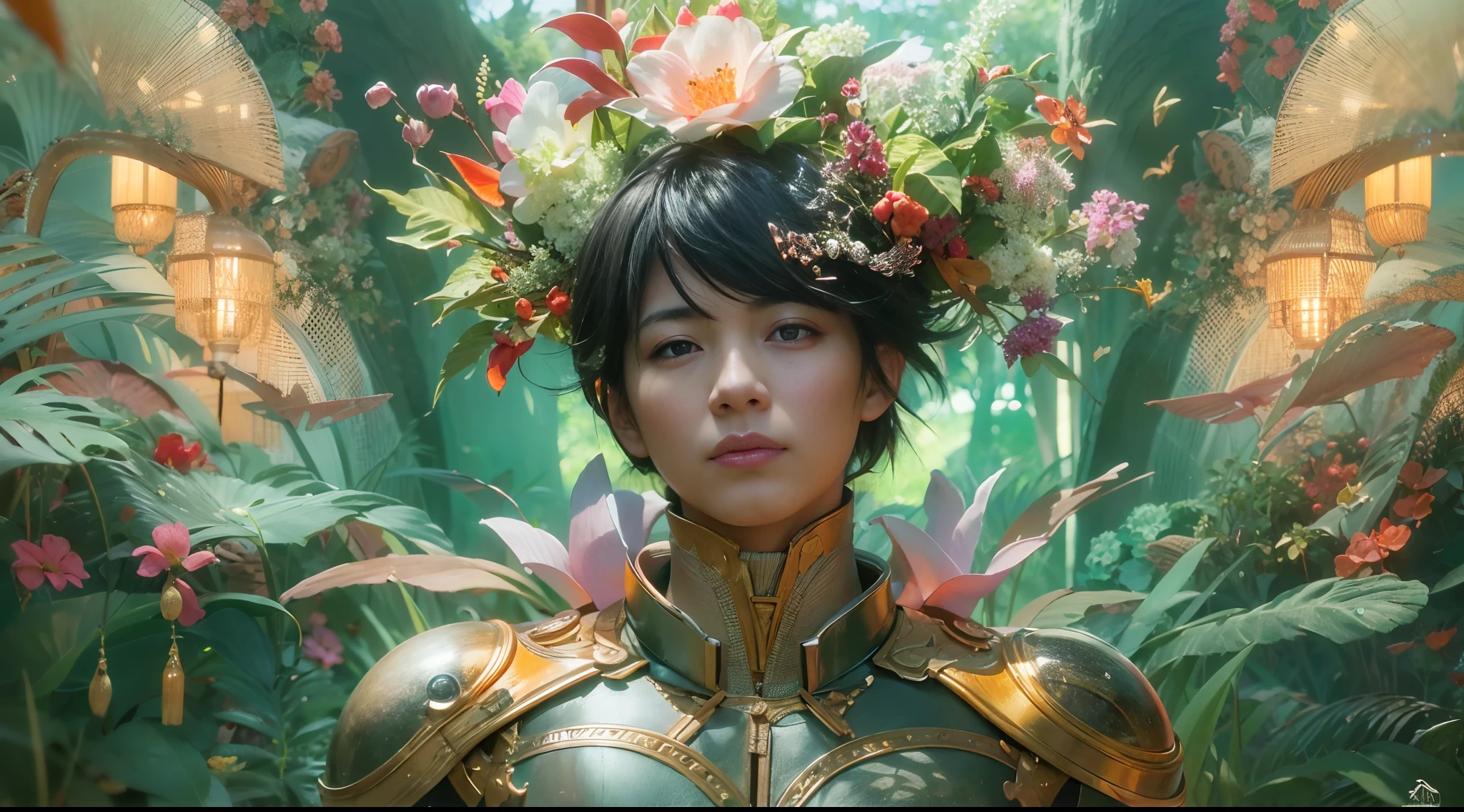 1boy, photo of very very handsome suave smiling young 25-year-old male Chinese prince, clothed in futuristic cybernetic armor, wearing a large futuristic crown, walking in a lush flower garden with many neon glowing butterflies, sci-fi, intricate, neon light, ((perfect face)), ((perfect hands)), ((perfect body)), ((correct anatomy)), ((ultra-realistic)), ((8k, UHD)), highly detailed, digital painting, artstation, concept art, human anatomy, soft light, smooth, illustration, art by tian zi and craig mullins and WLOP and alphonse mucha