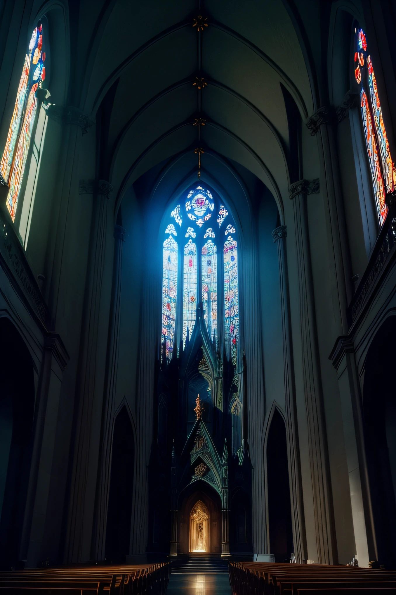Satanic cathedral with a light coming in through the window at the top and an image of Hades as a god of salvation