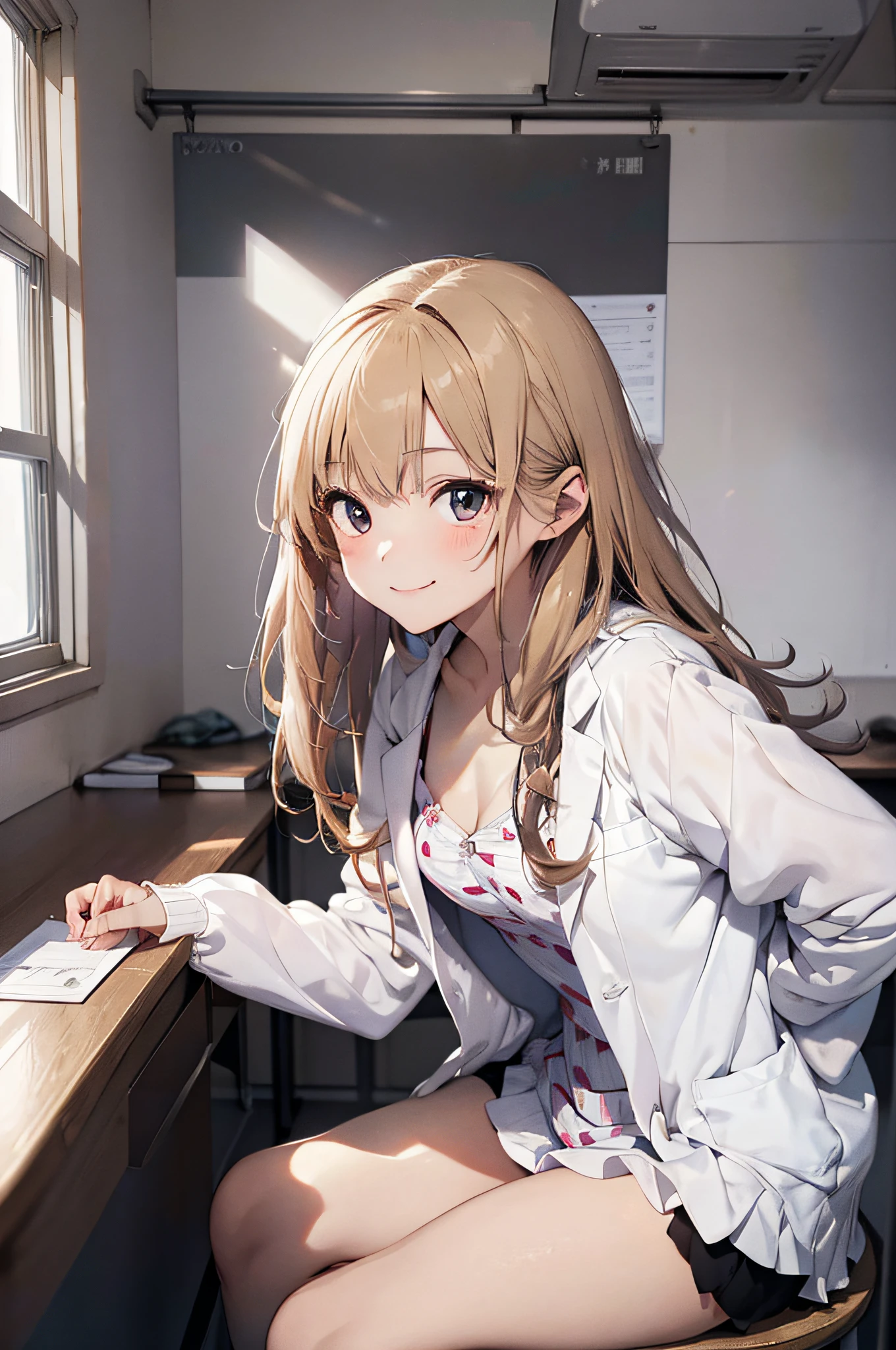 (Naughty Woman:1.3)、(Examination room:1.5)、(tiny chest:1.4)、Blonde hairer、Raw photography, top-quality, hight resolution, (masterpiece), (Photorealsitic:1.4), Anime Cosplay, foco nítido, nffsw, 8K分辨率, intricate detailes, depth of fields, the Extremely Detailed CG Unity 8K Wallpapers, front lit, girl with, Smile、(A slender:1.5)、Wear a revealing lab coat、Wearing a camisole、sit a chair