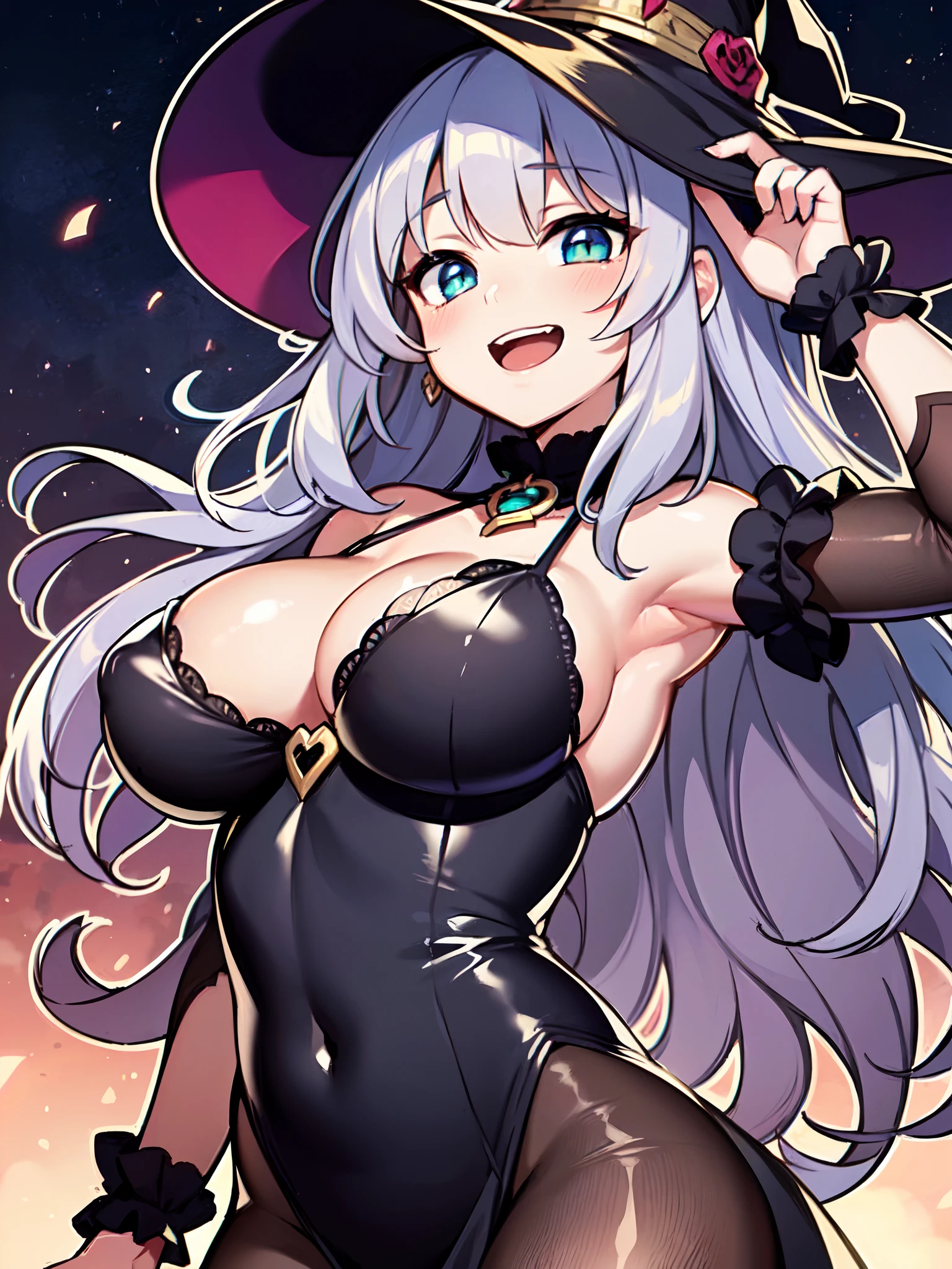 ((masterpiece)), ((best quality)), //, a cute girl, 1girl, solo, //, Under the moonlight, ruins of an old castle, surrounded by green magical lights swirling around, //, Witch costume. Deep purple long dress, black lace decorations, pointed black hat, and a magic wand in hand, //, beautiful Deep blue close to black hair, ((beautiful eyes)), white-skinned, Wavy hair, big breasts, //, (blush), laughing, dynamic pose ((nsfw)), upper body, gradation, //, lens flare, shiny-glistening, shiny body, gleaming