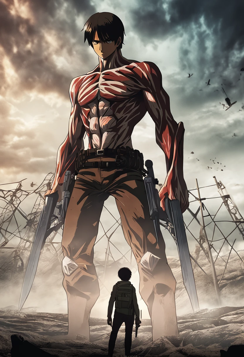 Generate a moody and emotionally colored movie poster in the style of Hajime Isayama's Attack on Titan. The poster should prominently feature Eren Jaeger, wearing a Paradis Island uniform and ODM gear, gazing out at the ocean.