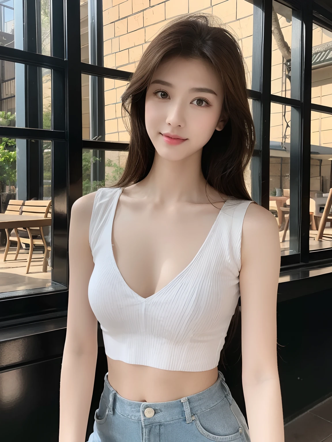 1girll，（（best qualtiy））， （tmasterpiece） ， （realistic shaded） ， （depth of fields），（sunny city background），（highlight face detail）， Unbeatable masterpiece， Ultra-realistic 8K ， Perfect artwork，（（perfect female shape））， a mature female， a narrow waist， little breast， brunette color hair， hair pulled back， Detailed skins， looking at viewert， s the perfect face， Perfect body， Photorealsitic ， tmasterpiece， 8K， A high resolution，lens flare glow， Softly illuminated shoulder cutouts，is wearing a shorts，full bodyesbian，