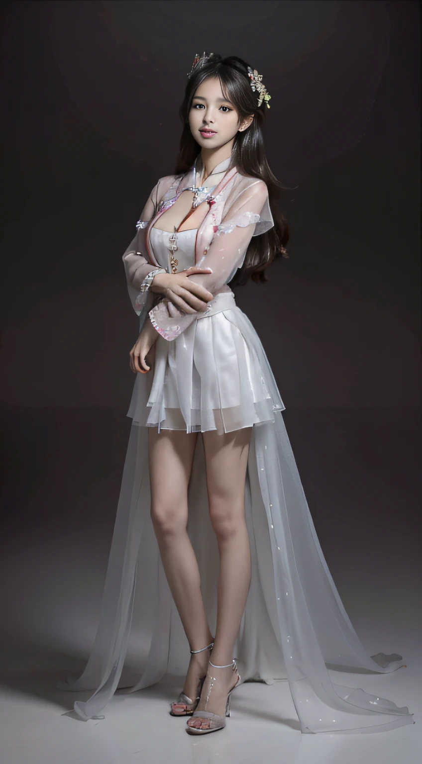 Master quality, highest quality, best picture quality, exaggerated details, a princess cute 8 yeal old, she is maturbate,(long hair / very, very exaggerated big breasts, big tits, in/open v hanfu transparent fabric, short skirt), in xiaxia hanfu, lace silk