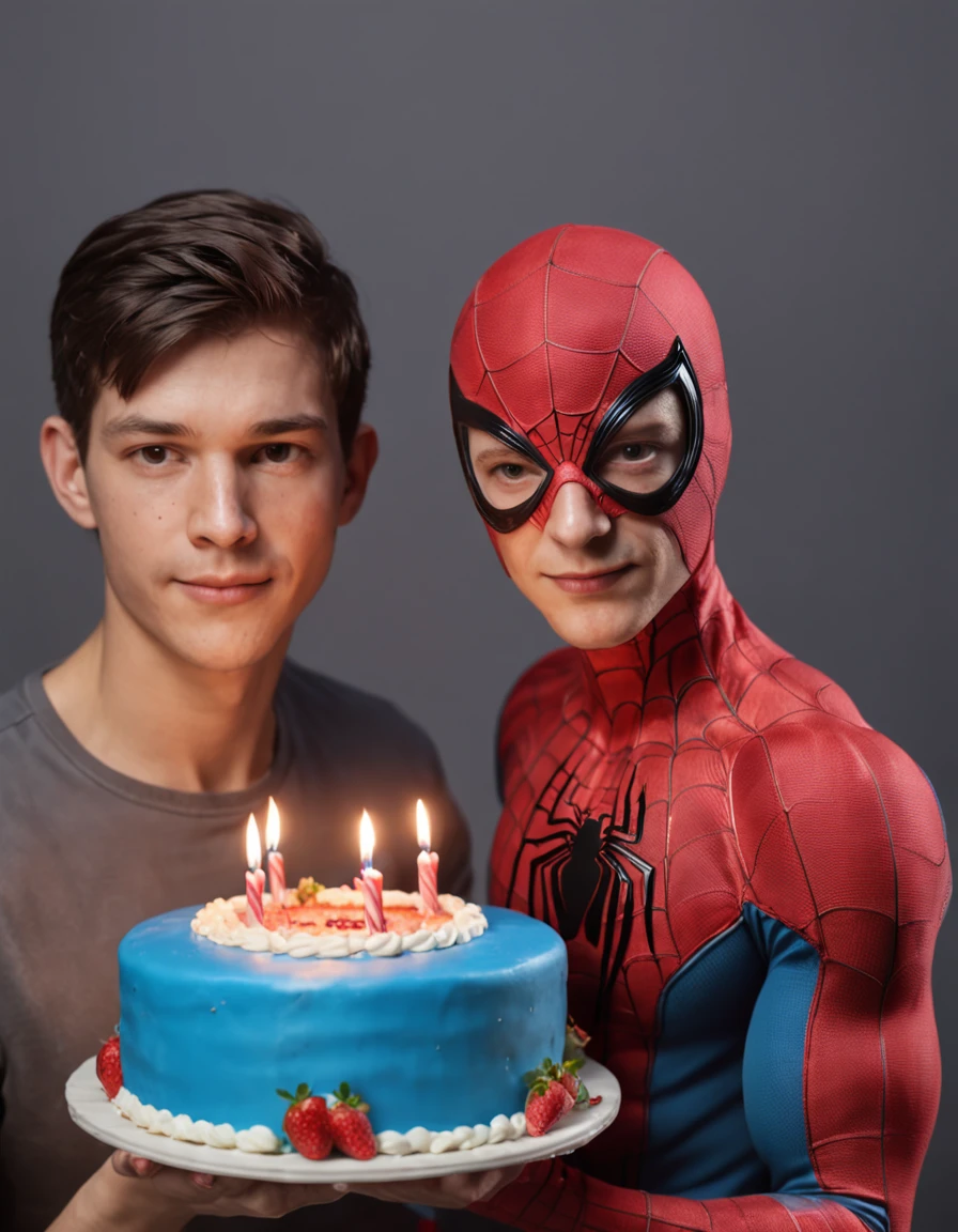 Front image of Spiderman wearing a pastry chef hat and Spiderman Man holding in his hands a birthday cake that says Tobias, mejor calidad, extremadamente detallado, UHD 8K, Renderizado de octanaje, Incredibly detailed, fotorrealista, Entorno impresionante, volumetric illumination, Alto detalle, dramatic, colores tenues.