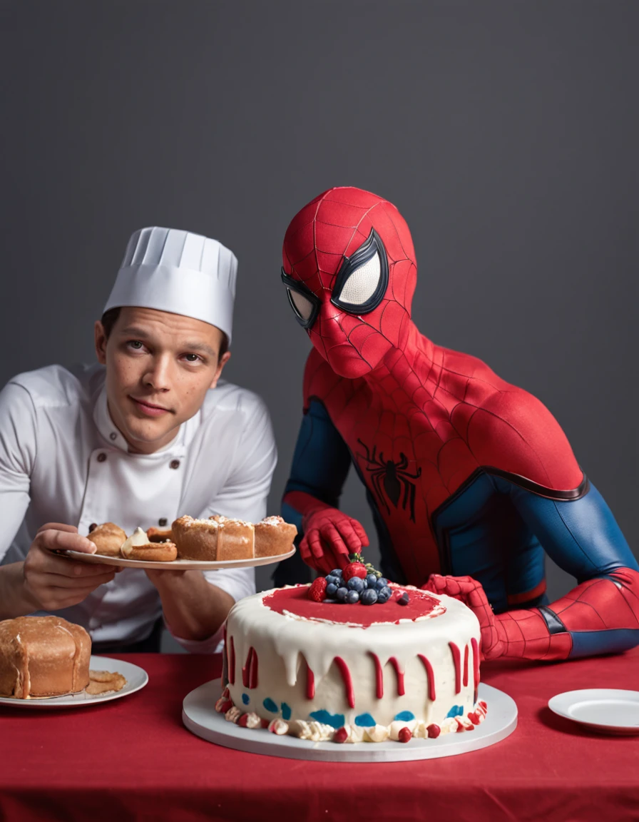 Front image of Spiderman wearing a pastry chef hat and Spiderman Man holding in his hands a birthday cake that says Tobias, mejor calidad, extremadamente detallado, UHD 8K, Renderizado de octanaje, Incredibly detailed, fotorrealista, Entorno impresionante, volumetric illumination, Alto detalle, dramatic, colores tenues.
