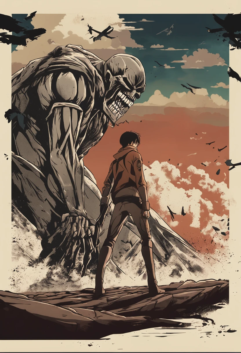 Generate a moody and emotionally colored movie poster in the style of Hajime Isayama's Attack on Titan. The poster should prominently feature Eren Jaeger, wearing a Paradis Island uniform and ODM gear, looking up in fear at a colossal titan.