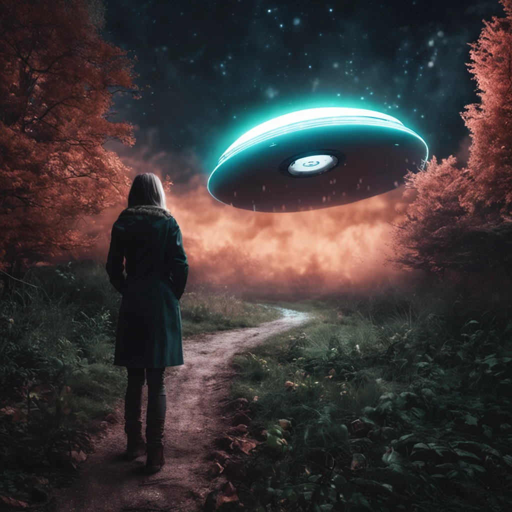 it's a scary night and a girl, which stands on a path in the middle of the forest and is illuminated by a gigantic alien UFO in the sky, (UFO), Interstellarer Hyperrealismus, Holosomnia, Affinity-Foto, Anamorphotische Flares, Abduction, Baumstadt, Leuchtender Himmel, Entdecker, Dreamscape Architekt, Fremde Landschaft, Hirngespinst, Der Hobbit-Stil, Landschaft, unheimlich, Draufsicht, Landschaft, Science-Fiction, epische Komposition, futuristisch, dark atmosphere, hyperrealistisch, aus einer anderen Welt