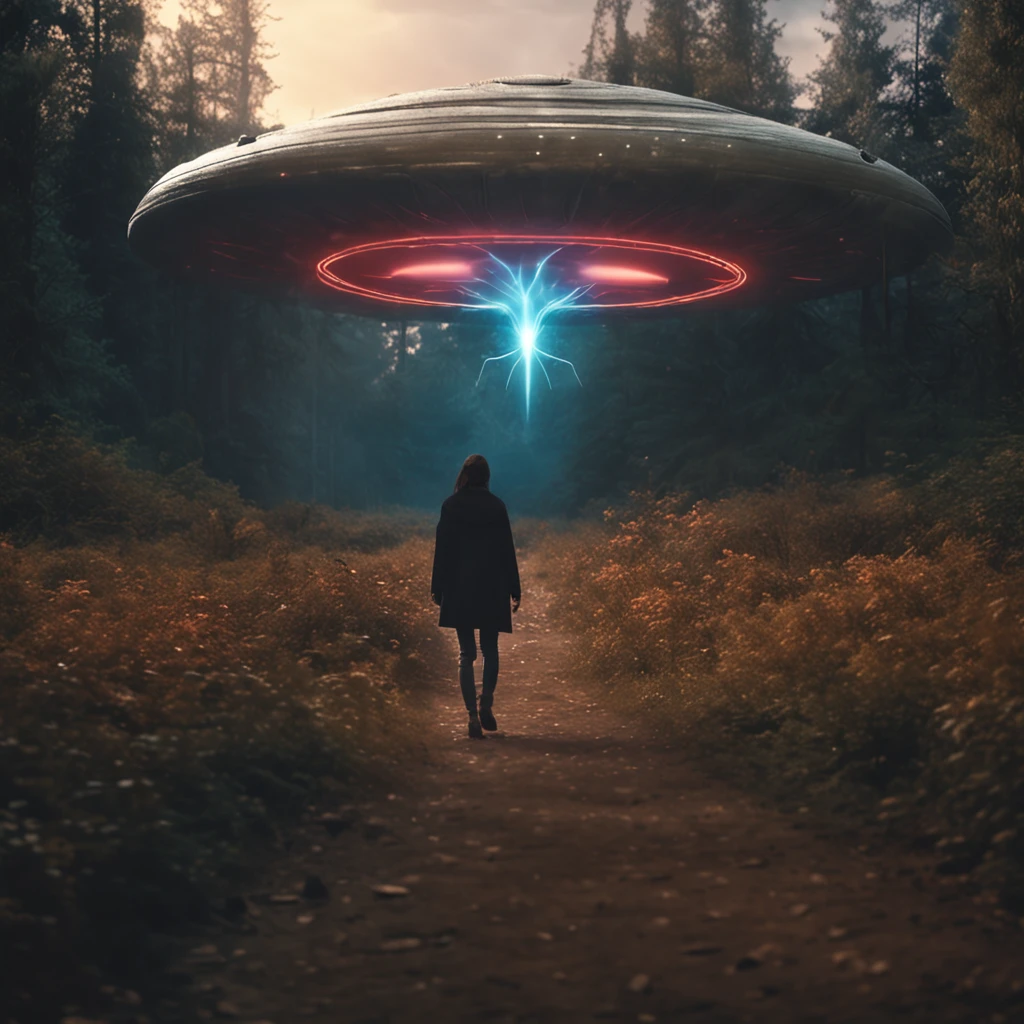 it's a scary night and a girl, which stands on a path in the middle of the forest and is illuminated by a gigantic alien UFO in the sky, (UFO), Interstellarer Hyperrealismus, Holosomnia, Affinity-Foto, Anamorphotische Flares, Abduction, Baumstadt, Leuchtender Himmel, Entdecker, Dreamscape Architekt, Fremde Landschaft, Hirngespinst, Der Hobbit-Stil, Landschaft, unheimlich, Draufsicht, Landschaft, Science-Fiction, epische Komposition, futuristisch, dark atmosphere, hyperrealistisch, aus einer anderen Welt