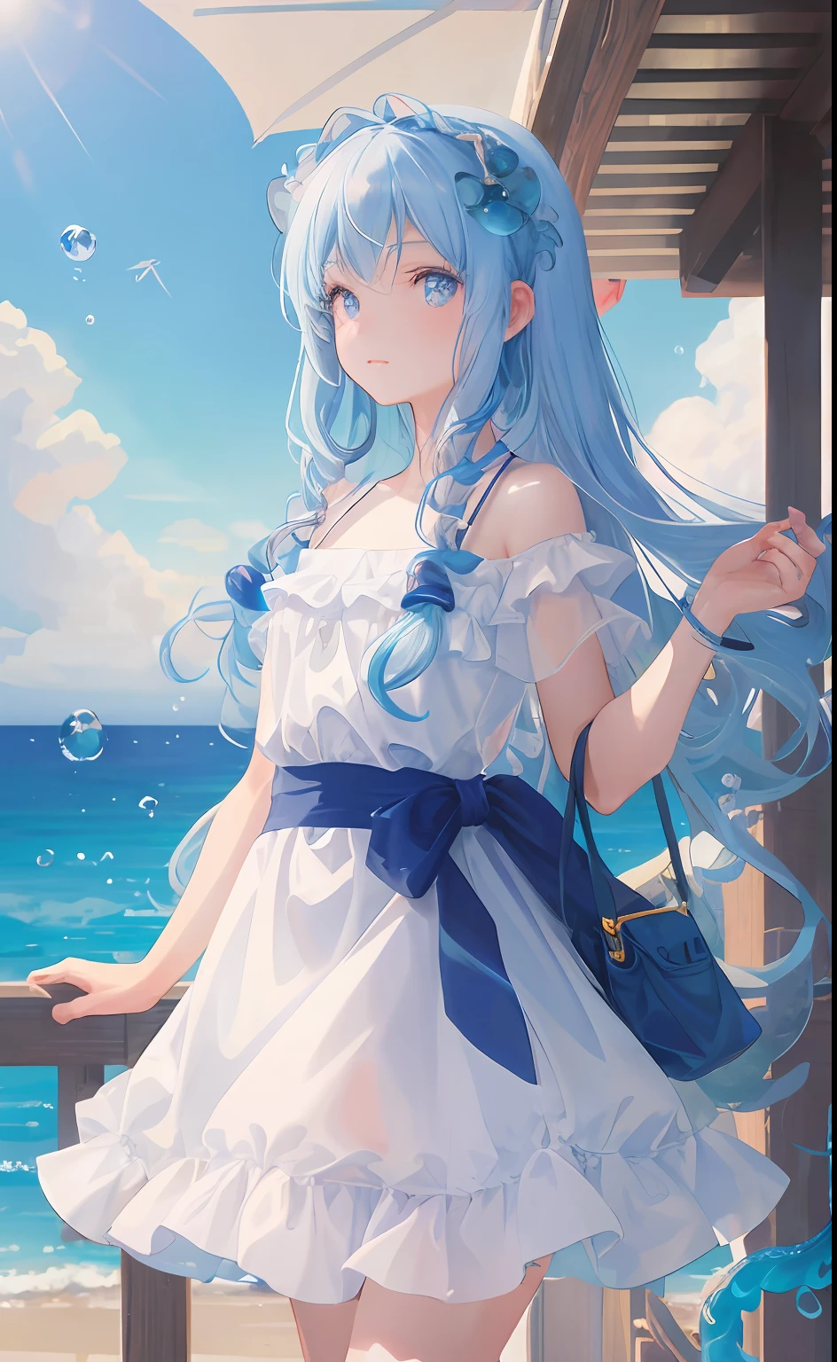 art by Cornflower, dready(A petite girl,Has a beautiful pair of delicate eyes。The depth of field in the photo was perfect,The lens flare adds a touch of brightness。The delicate details on her face really stand out,partitures,Because this photo is definitely larger than 10。in the background,There is a beautiful ocean,The sea is crystal clear,There are water droplets on the surface,Above the head are octopus tentacles,Blue tentacles at the waist,