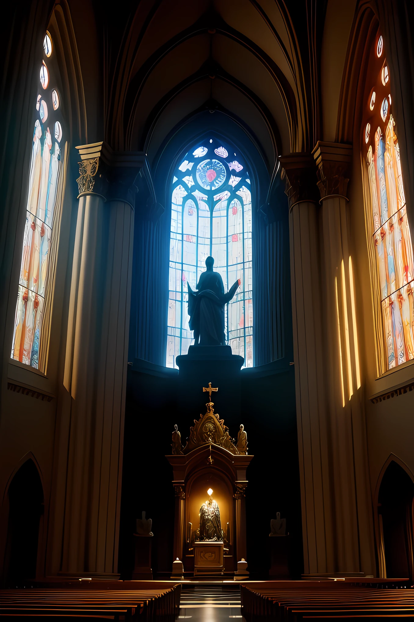 Satanic cathedral with a light coming in through the window at the top and a large statue of Ades as a god of salvation at the bottom of the cathedral