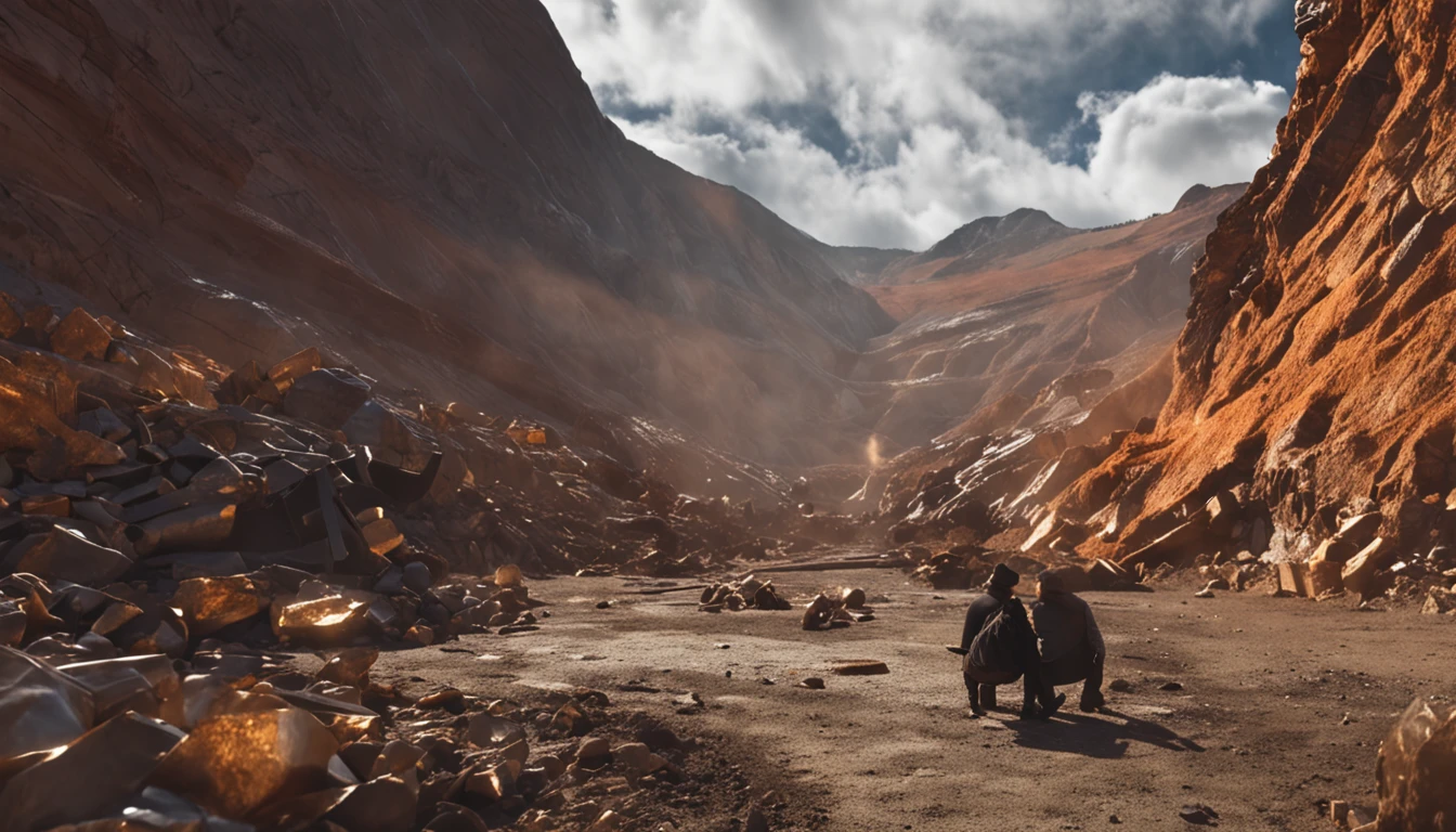 men holding gun, face covered, in the middle of a gold mine, in the background, gold in the mountain,