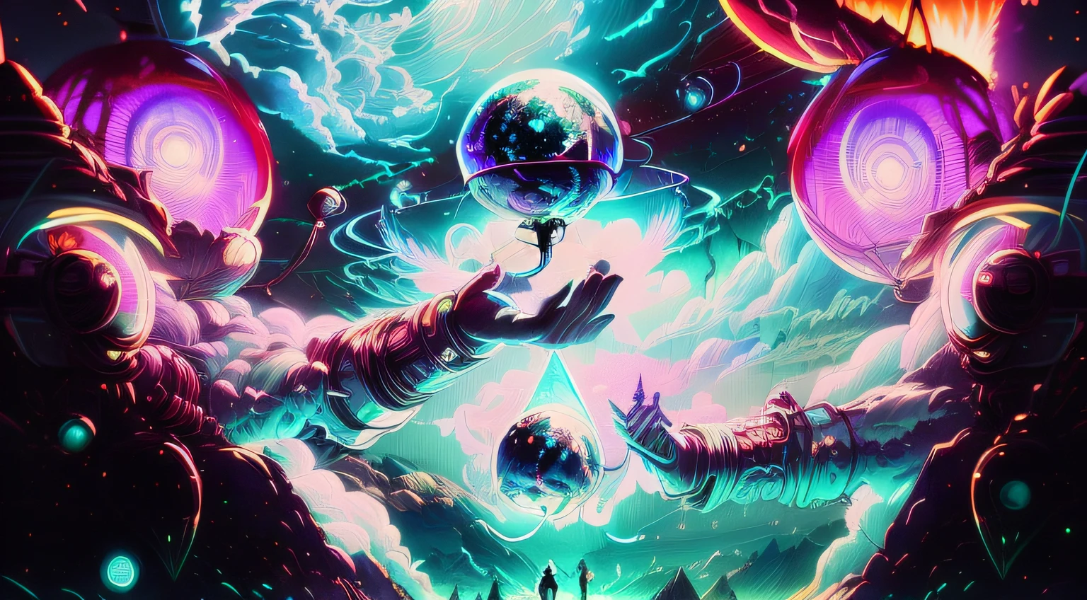 Anime characters in a space setting with a glowing sphere, Cyril Rolando e Goro Fujita, Jen Bartel, Beeple e Jeremias Ketner, arte psytrance, Beeple e Greg Rutkowski, Artgem e Beeple Masterpiece, Directed by: Cyril Rolando, Greg Beeple, Beeple e Tim Hildebrandt