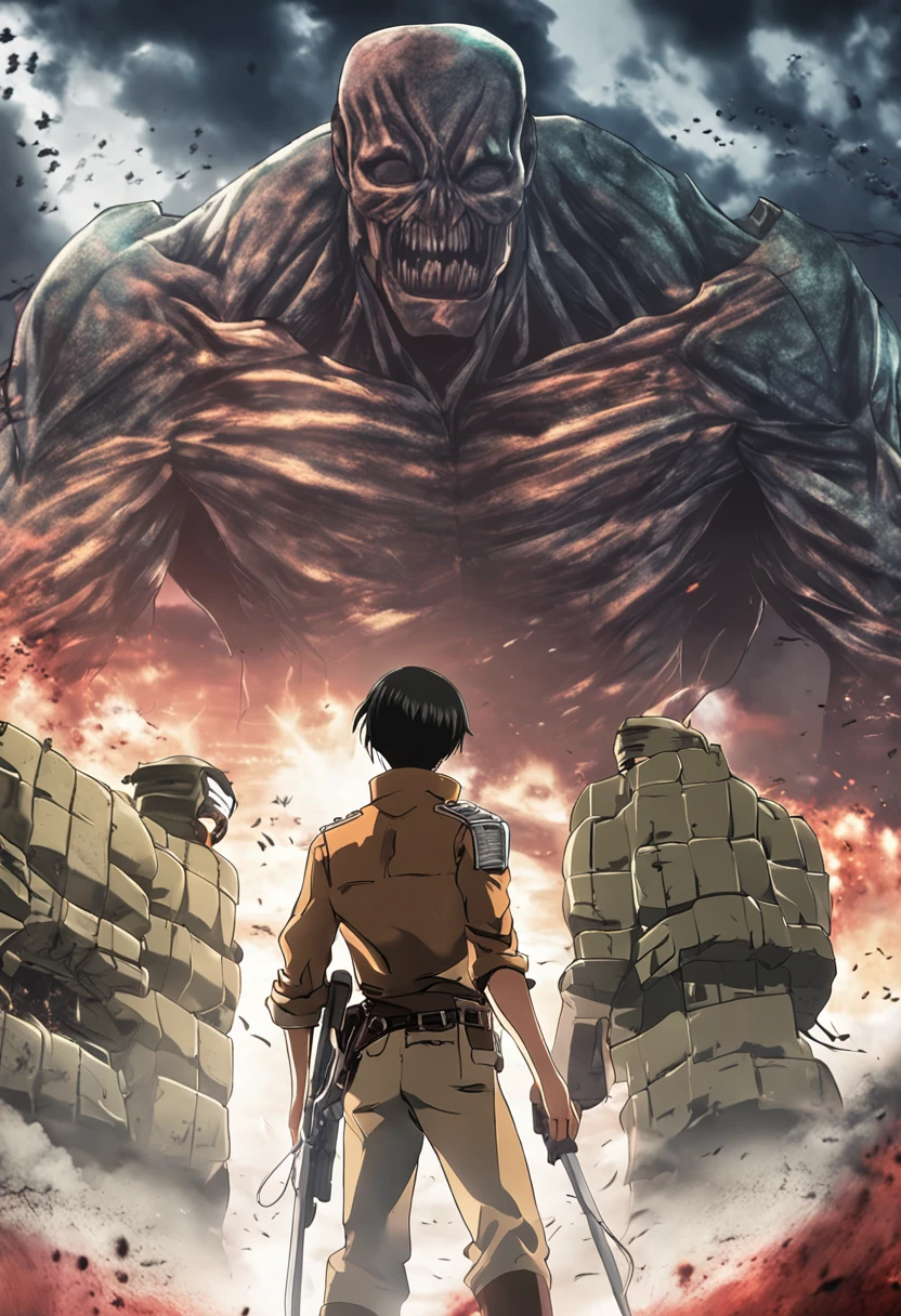 Generate a moody and emotionally colored movie poster in the style of Hajime Isayama's Attack on Titan. The poster should prominently feature Eren Jaeger, wearing a Paradis Island uniform and ODM gear, gazing out at the ocean.