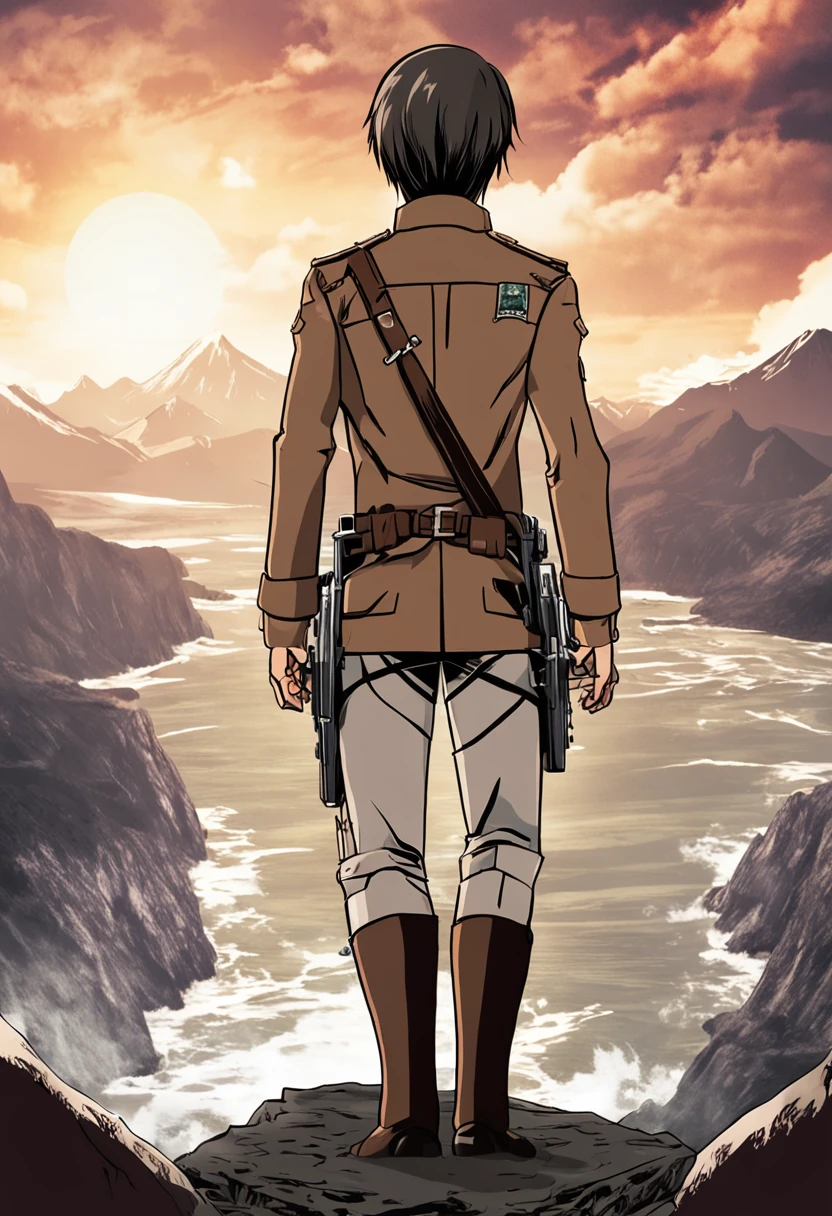 Generate a moody and emotionally colored movie poster in the style of Hajime Isayama's Attack on Titan. The poster should prominently feature Eren Jaeger, wearing a Paradis Island uniform and ODM gear, gazing out at the ocean.