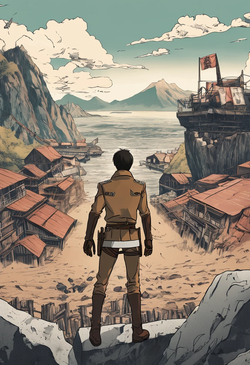 Generate a moody and emotionally colored movie poster in the style of Hajime Isayama's Attack on Titan. The poster should prominently feature Eren Jaeger, wearing a Paradis Island uniform and ODM gear, gazing out at the ocean.