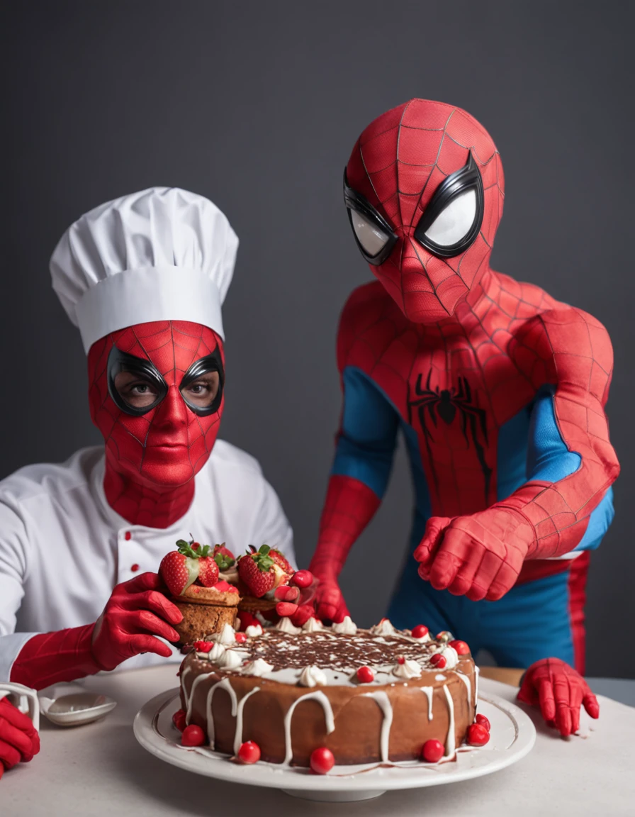 Flat image Overhead of Spiderman with a pastry chef's hat and Spiderman Man holding in his hands a birthday cake that says Tobias, mejor calidad, extremadamente detallado, UHD 8K, Renderizado de octanaje, Incredibly detailed, fotorrealista, Entorno impresionante, volumetric illumination, Alto detalle, dramatic, colores tenues.