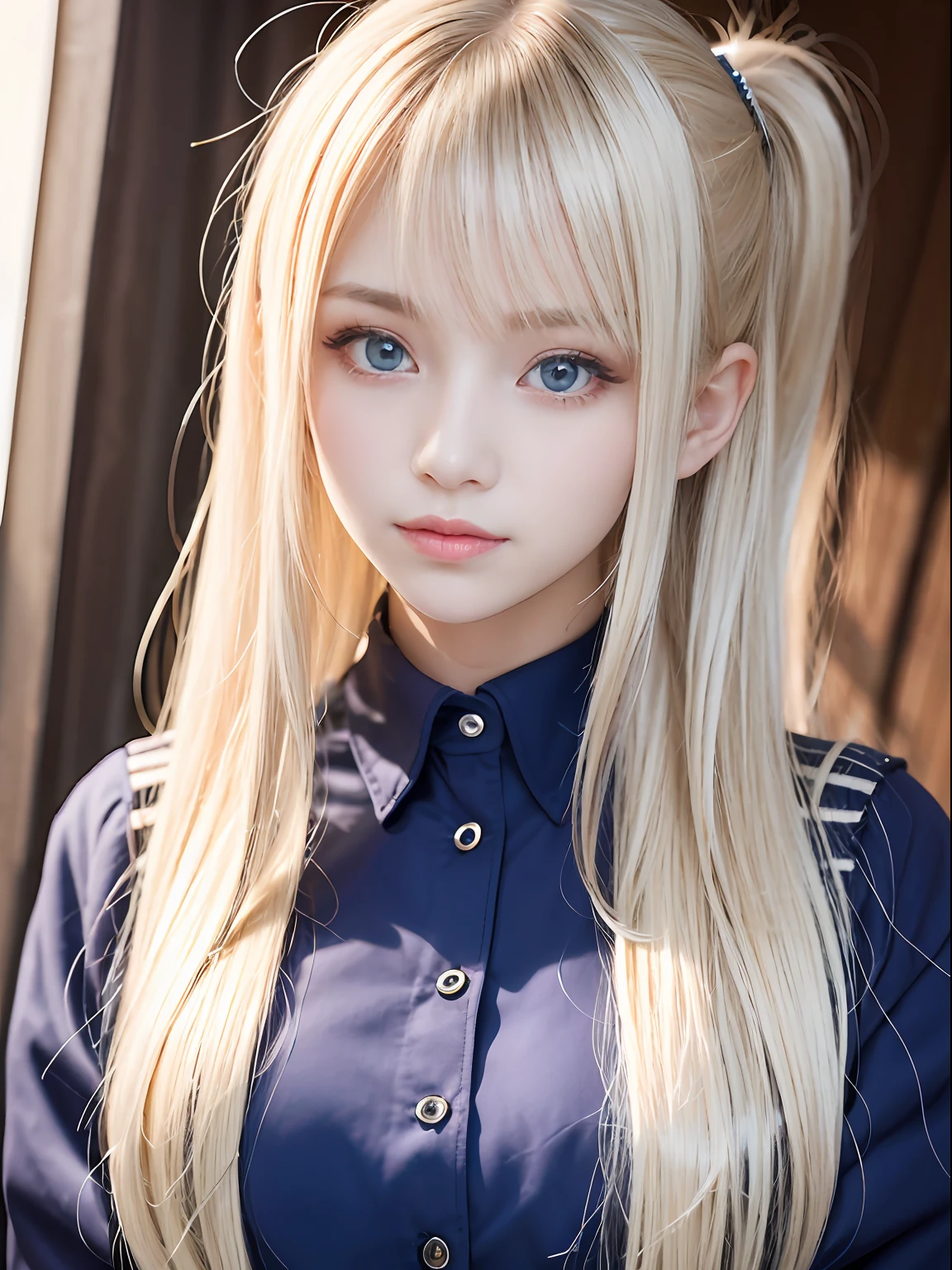 portlate、School Uniforms、bright expression、poneyTail、Young shiny shiny white shiny skin、Best Looks、Blonde reflected light、Platinum blonde hair with dazzling highlights、shiny light hair,、Super long silky straight hair、Beautiful bangs that shine、Glowing crystal clear attractive big blue eyes、Very beautiful nice cute girl、Lush bust、Healthy skin、