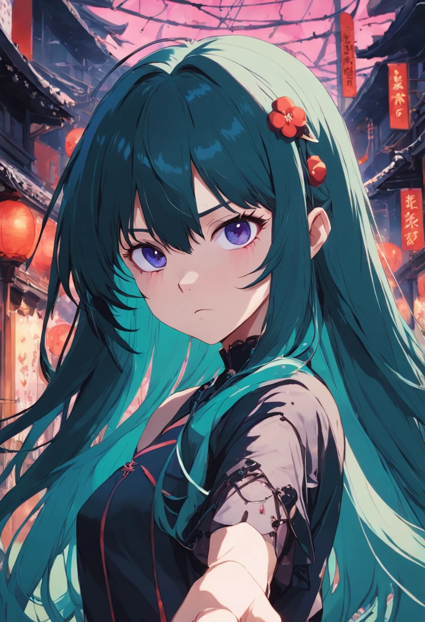 Gothic Anime Girl, Female Anime Person, with long hair and piercing eyes, 90s anime. Vintage feel. 90s Anime Aesthetic. In the style of Ranma, In the style of Lum, Urusei Yatsura