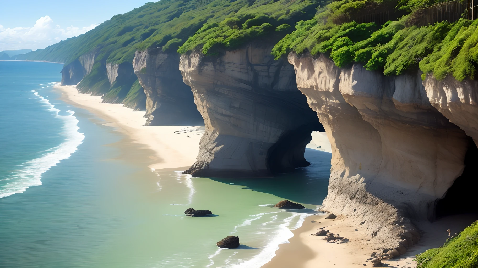 Quero paisagem de uma praia com uma baleia saltando