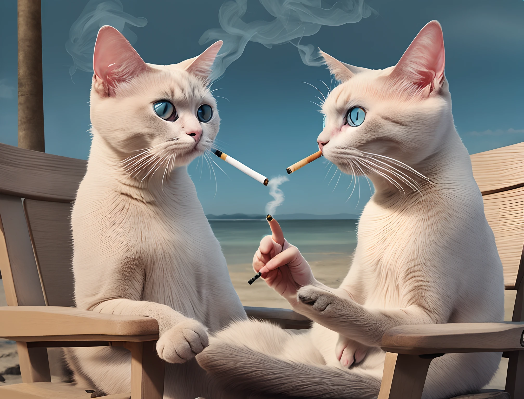 Siamese blue-eyed animal cat sitting on a beach chair holding a cigarette belching smoke through the mouths realistic image