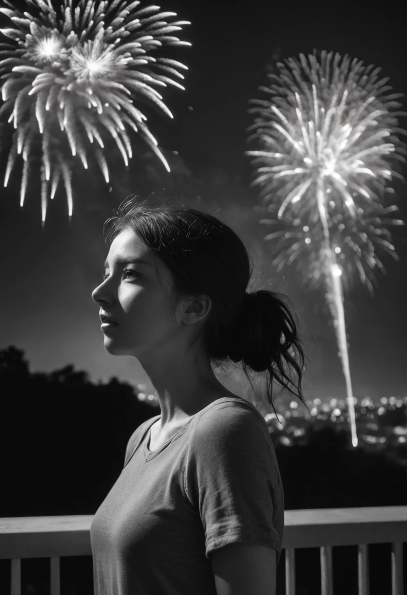 backlighting ((silhouette)), (masterpiece), photorealistic of 1girl, sad, look down, in sorrow, from behind, full body, ((windblown hair)), best proportion, outdoor, night scene, ((monochrome)), (((fireworks))), bokeh, wideshot, ((Black and white)), ((grayscale)), from below
