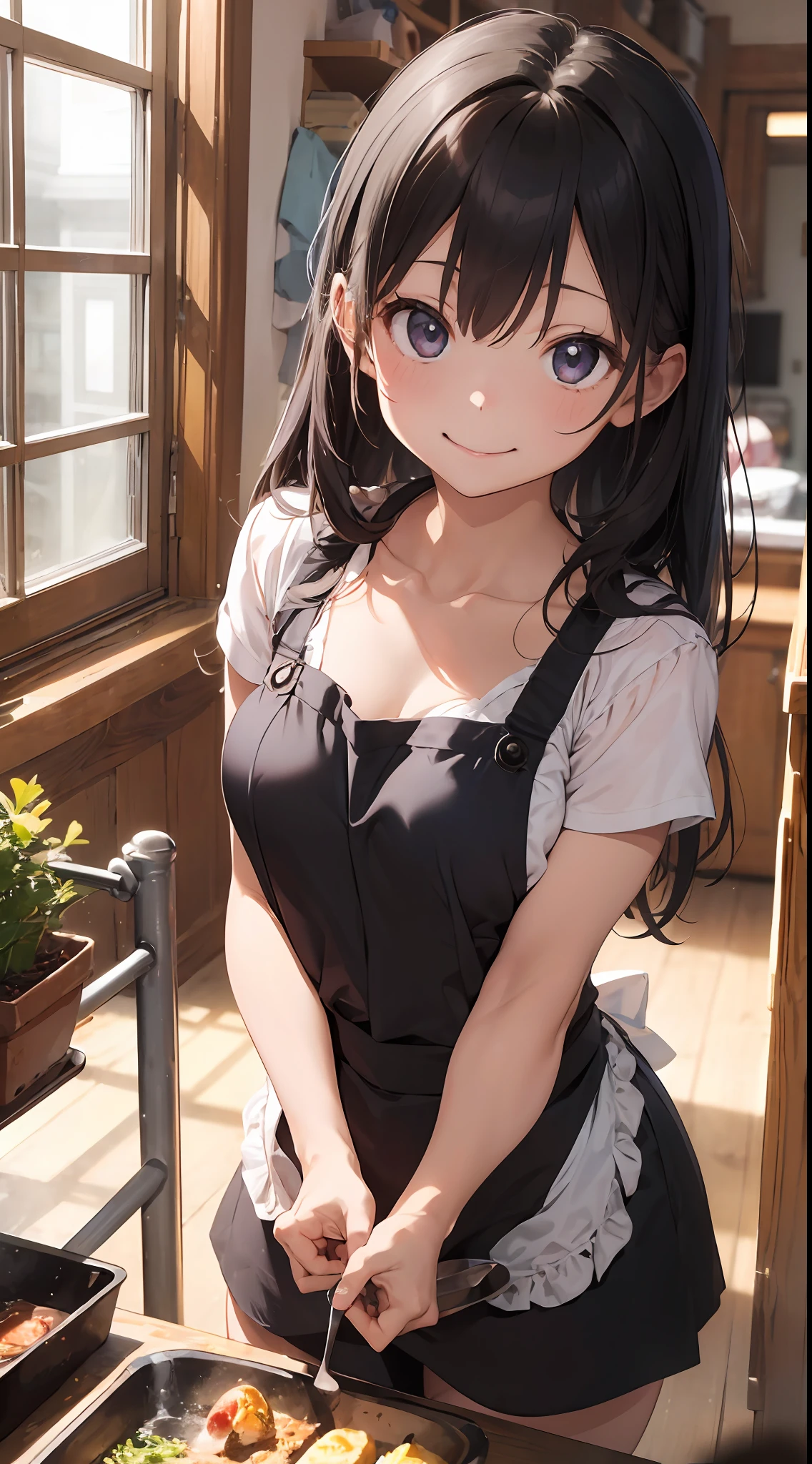 1girl in、ddlers,a smile、Cooking in your room、barechested、Wearing only an apron、((small tits))、(nudde:1.5)、