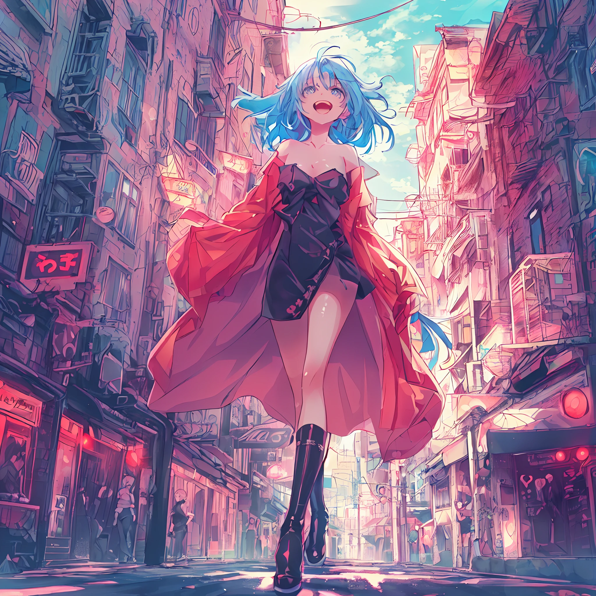 absurderes, hight resolution, (Anime style:1.1), ((masutepiece)), ((Best Quality)), (Ultra-detailed), (Beautiful), 独奏, Beautiful face、(liftup),(Cute girl walking naked on street in urban red light district:1.5),Wind,Light blue hair, Blue eyes,Blue sky,Laugh,Looking at Viewer,Lens Flare,Dramatic, seductive smile