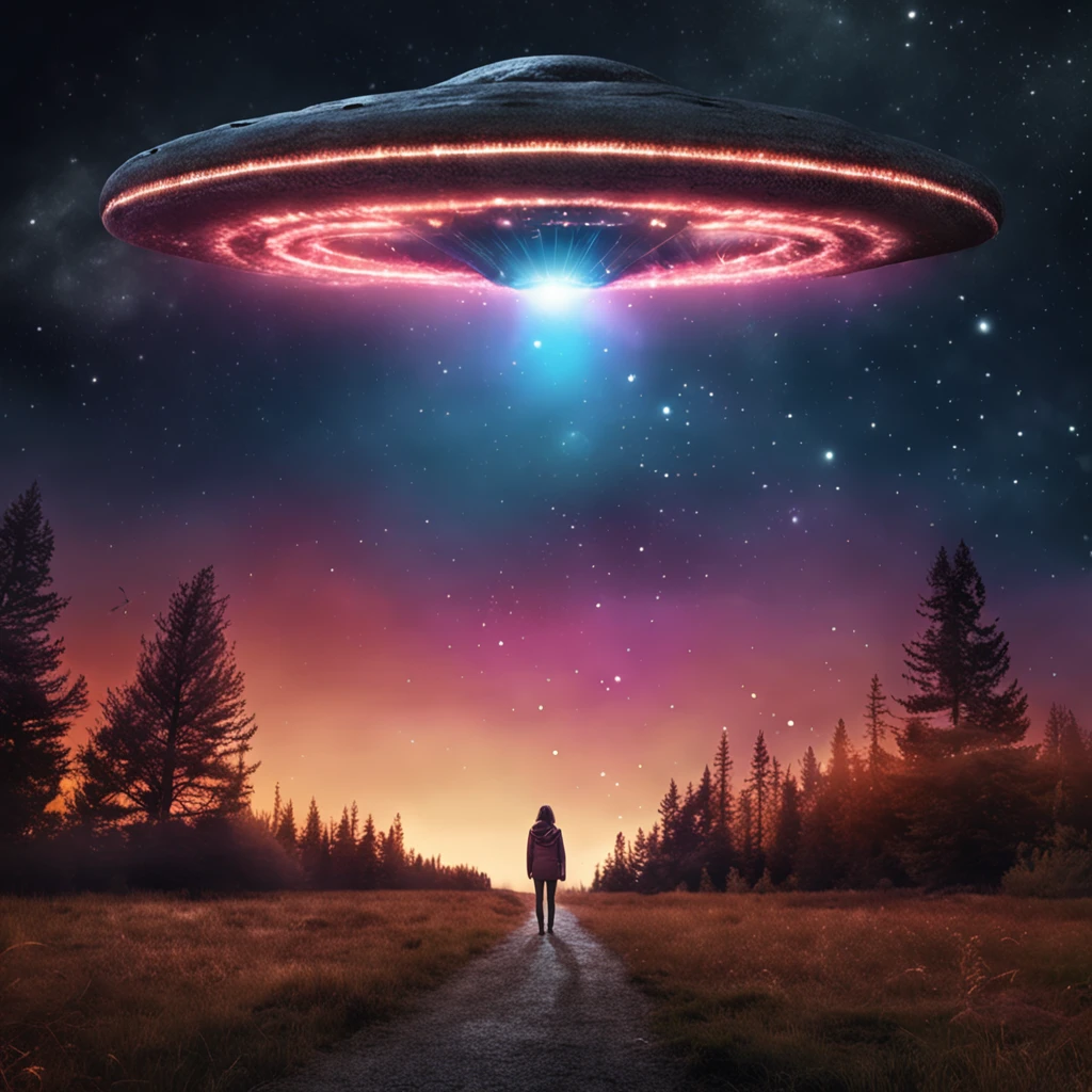 It's a scary night and a girl, which stands on a path in the middle of the forest and is illuminated by a gigantic alien UFO in the sky, (UFO), Interstellarer Hyperrealismus, Holosomnia, Affinity-Foto, Anamorphotische Flares, Abduction, Baumstadt, Leuchtender Himmel, Entdecker, Dreamscape Architekt, Fremde Landschaft, Hirngespinst, Der Hobbit-Stil, Landschaft, unheimlich, Draufsicht, Landschaft, Science-Fiction, epische Komposition, futuristisch, somber atmosphere, hyperrealistisch, aus einer anderen Welt, filigree, extremely magic, ultra high resolution, photorealistic, realistic, best quality, photo-realistic, 8k, raw photo, best quality, masterpiece, ultra high res