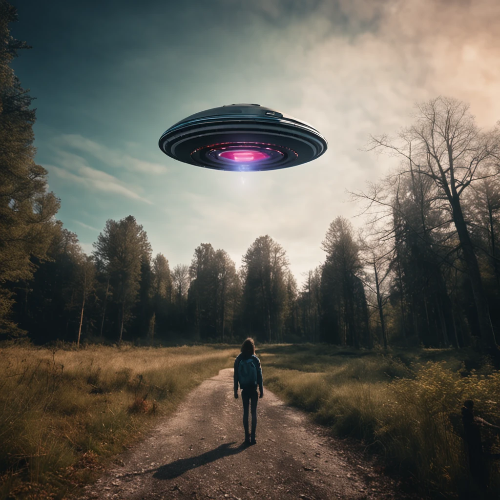 It's a scary night and a girl, which stands on a path in the middle of the forest and is illuminated by a gigantic alien UFO in the sky, (UFO), Interstellarer Hyperrealismus, Holosomnia, Affinity-Foto,  Anamorphotische Flares, Abduction, Baumstadt, Leuchtender Himmel, Entdecker, Dreamscape Architekt, Fremde Landschaft, Hirngespinst, Der Hobbit-Stil, Landschaft, unheimlich, Draufsicht, Landschaft, Science-Fiction, epische Komposition, futuristisch, somber atmosphere, hyperrealistisch, aus einer anderen Welt, filigree, extremely magic, ultra high resolution, photorealistic, realistic, best quality, photo-realistic, 8k, raw photo, best quality, masterpiece, ultra high res