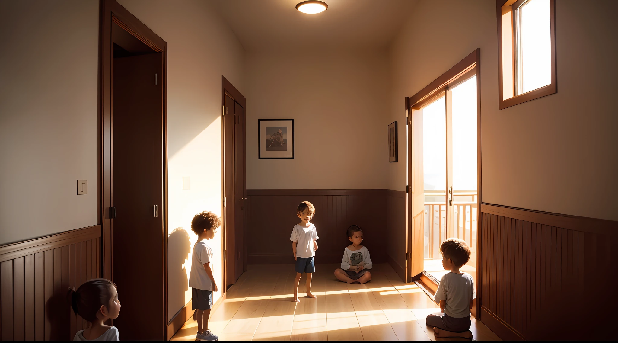 Create a 4K image with four children, one in each corner of the room, with a book in hand and above the head coming out electricity;. Ao fundo uma porta aberta apresentando o sol se pondo e iluminando o comodo antigo --auto
