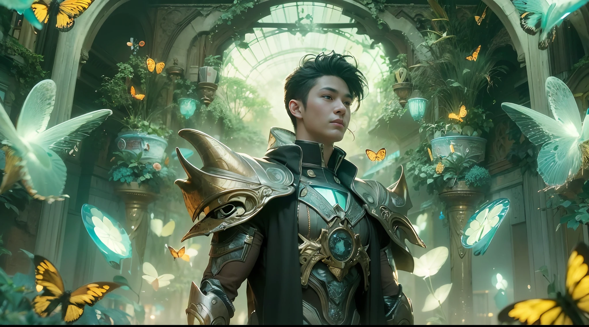1boy, photo of very very handsome suave smiling young 25-year-old male Chinese prince, clothed in futuristic cybernetic armor, wearing a large futuristic crown, walking in a lush flower garden with many neon glowing butterflies, sci-fi, intricate, neon light, ((perfect face)), ((perfect hands)), ((perfect body)), ((correct anatomy)), ((ultra-realistic)), ((8k, UHD)), highly detailed, digital painting, artstation, concept art, human anatomy, soft light, smooth, illustration, art by tian zi and craig mullins and WLOP and alphonse mucha