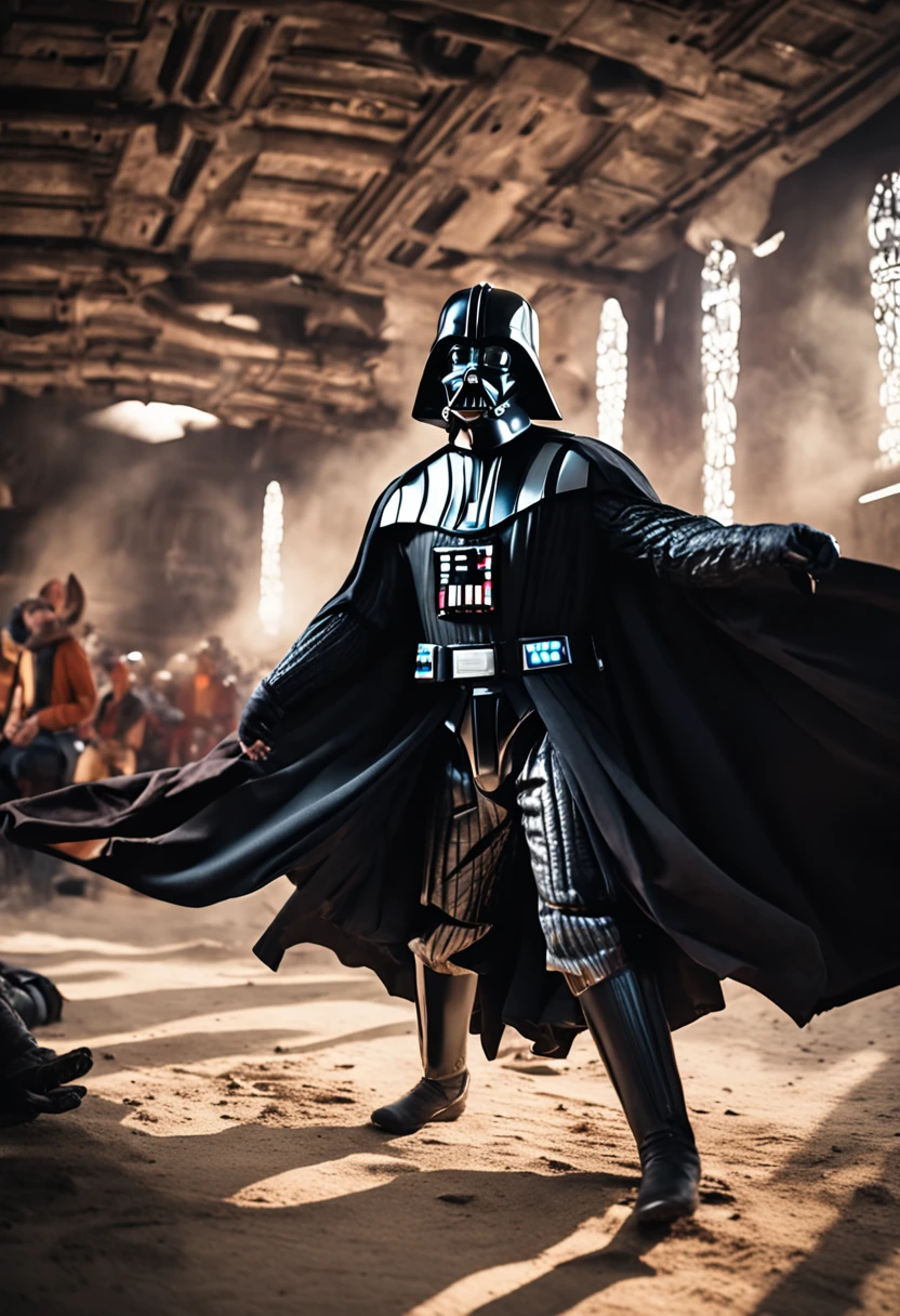 Darth Vader lutando com Palpatinne numa sala grande, com outros Cavaleiros Jedi imagem realista estilo fotografica, em 4k