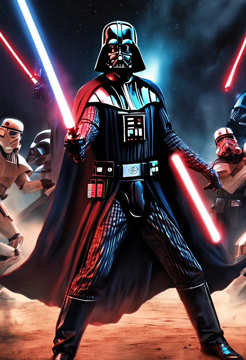 (Darth Vader fighting Palpatine in a spacious room) | (Cavaleiros Jedi adicionais na cena) | (Imagem realista, photographic style) | (4K分辨率)