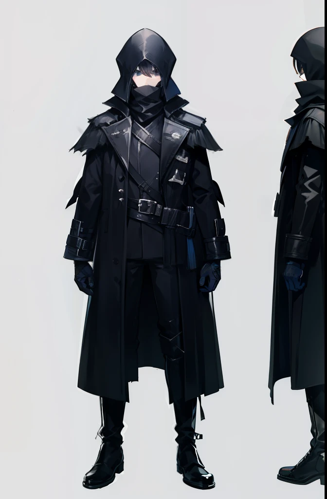 Game art design sheet and Ink drawing line art about a boy wearing a long black coat, boots, mask