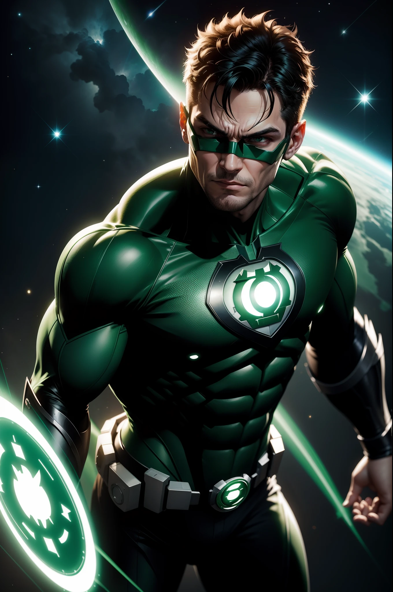 Create an illustration of Tom Cruise as Hal Jordan, o Lanterna Verde, com seu traje verde e anel de poder brilhando intensamente, In the middle of an asteroid field in outer space, showing your determination and courage.
