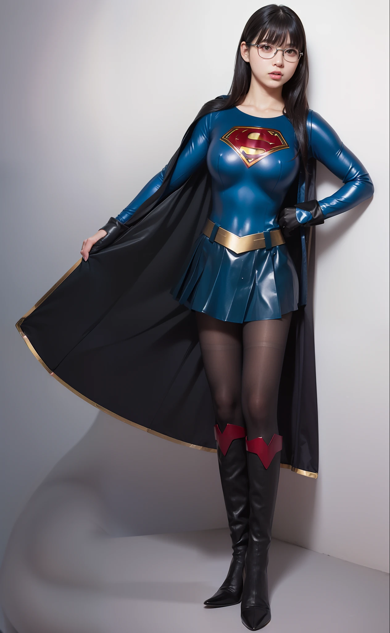 (((Make the most of the original image)))、(((Be sure to wear black tights)))、(((Supergirl Costume)))、(((short-cut、lustrous dark hair)))、(((Be sure to wear red boots)))、((Top image quality、8K))、((top-quality、8K、​masterpiece:1.3))、Crisp focus:1.2、Beautiful woman with perfect body shape:1.4、Slender Abs:1.2、((layers-Cut、Floating nipples big:1.2))、a wet body:1.5、Highly detailed facial and skin texture、