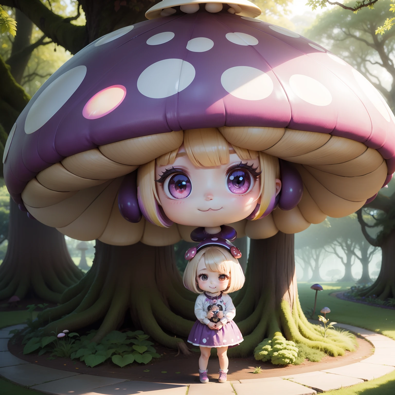 Cute Chibi Anime,Pearl beige bob,The best smile,Multicolored poisonous mushrooms,purple mist,Royal Botanic Gardens,Standing.