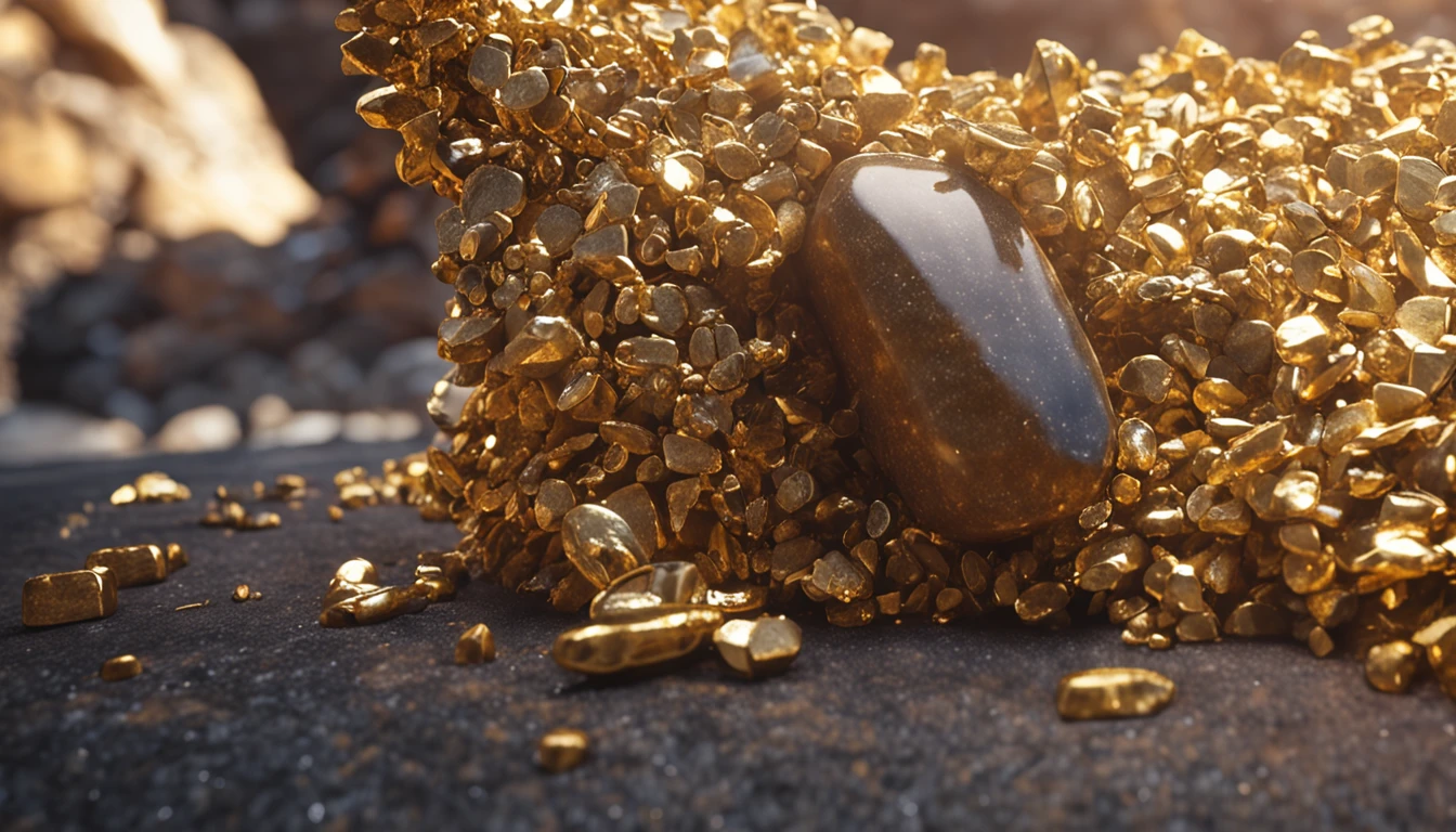 homem segurando arma, rosto coberto, ao fundo uma montanha, on the ground lots of gold and precious stones,