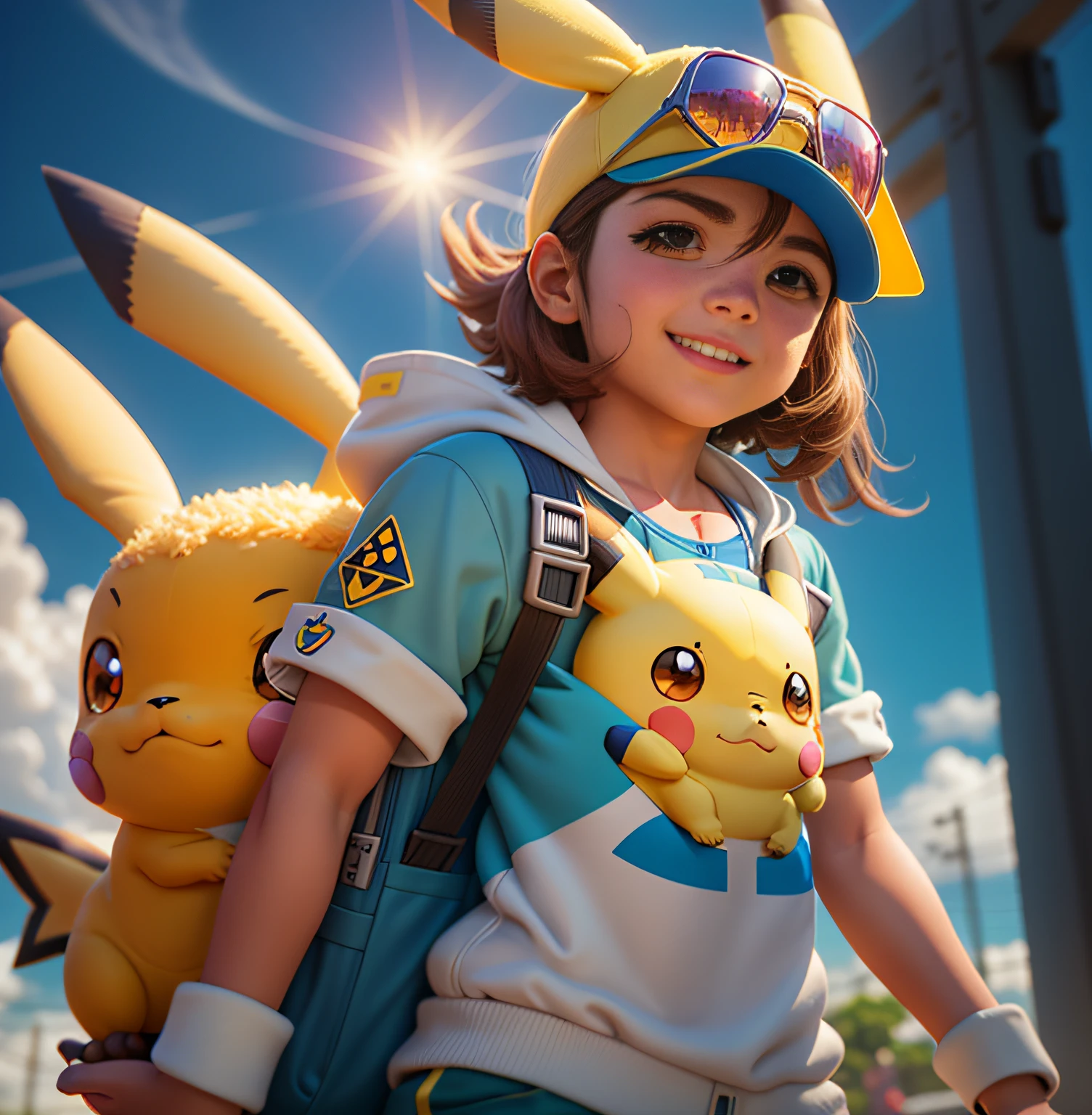 dos desenhos animados com um colar de pokemon pikachu e um boneco pokemon, Arte infantil em Artstation, illustration pokemon, Detetive Pikachu, aventura render hiper realista, arte oficial altamente detalhada, Mika Pikazo, promotional render, Wojtek FUS, 3 d render arte oficial, Megaman como Pikachu, pokedstudios, arte oficial do personagem, Pikachu como um humano, next gen, arte oficial