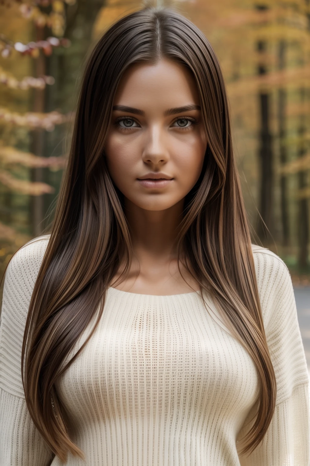 photography of a stunning girl, wearing a autumn white jumper, long hair on one side, heavy bust 36DD, looks into the camera, symmetrical eyes, symmetrical face, photorealistic, photography, path tracing, specular lighting, volumetric face light, path traced hair, visible shadows, intricate, elaborate