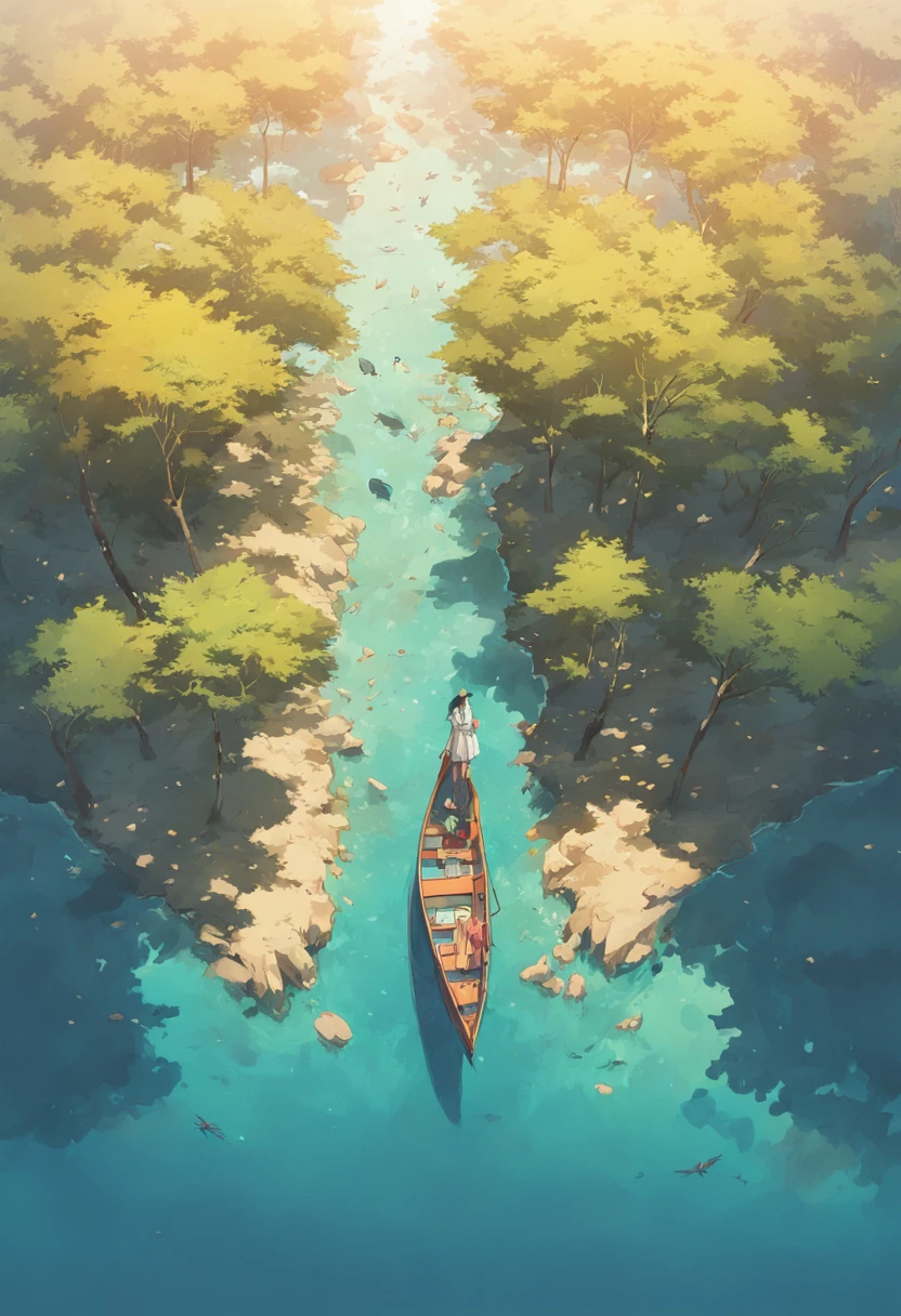 A colorful boat stands in the middle of a lagoon of blue water captured from drone view