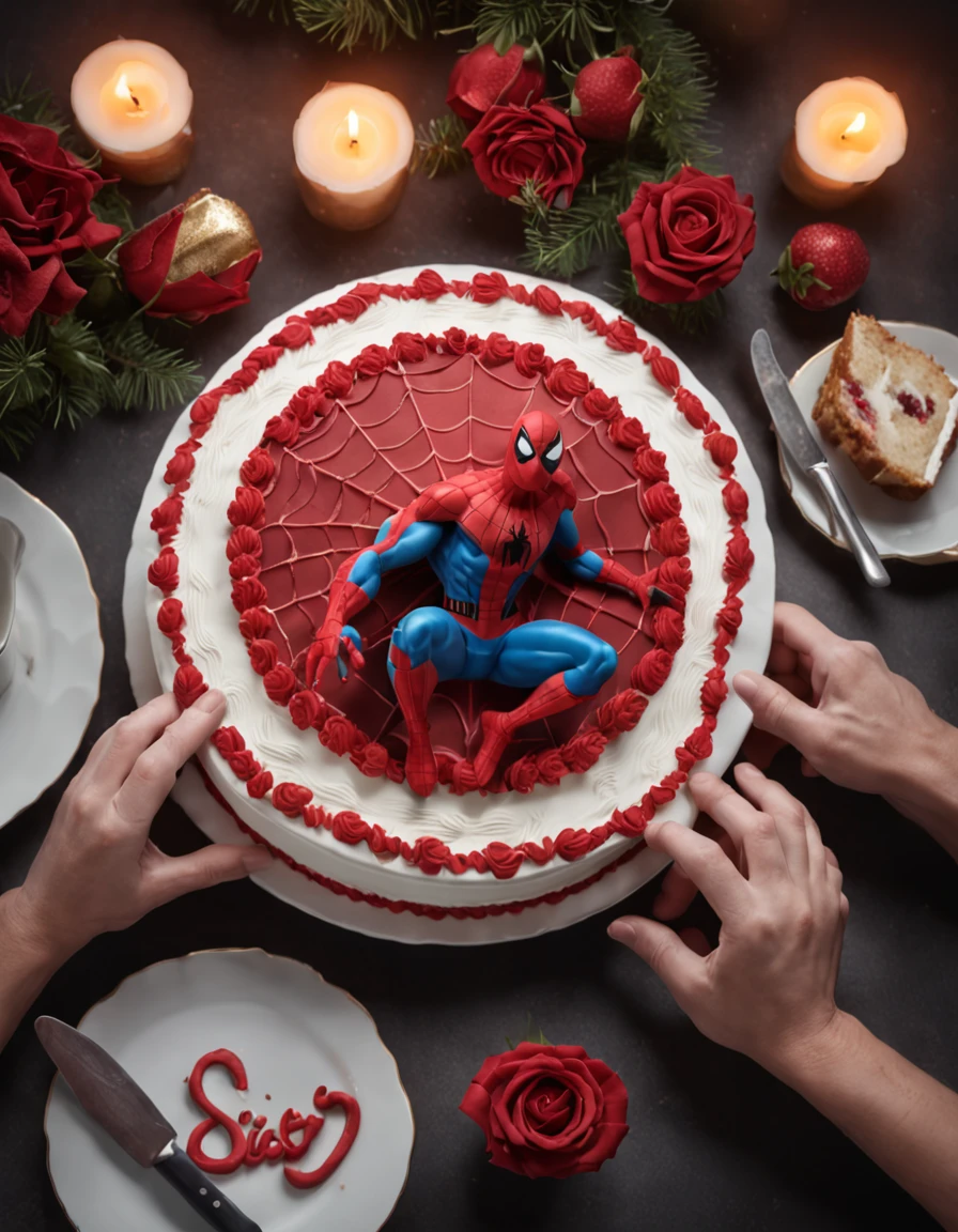 Flat image Overhead of Spiderman holding in his hands a birthday cake that says Tobias written on the cake, mejor calidad, extremadamente detallado, UHD 8K, Renderizado de octanaje, Incredibly detailed, fotorrealista, Entorno impresionante, volumetric illumination, Alto detalle, dramatic, colores tenues.