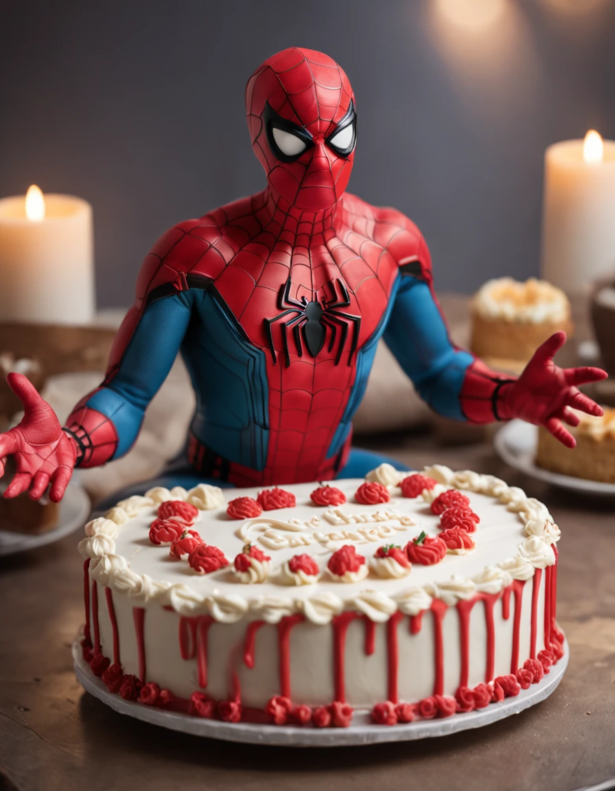 Flat image Overhead of Spiderman holding in his hands a birthday cake that says Tobias written on the cake, mejor calidad, extremadamente detallado, UHD 8K, Renderizado de octanaje, Incredibly detailed, fotorrealista, Entorno impresionante, volumetric illumination, Alto detalle, dramatic, colores tenues.