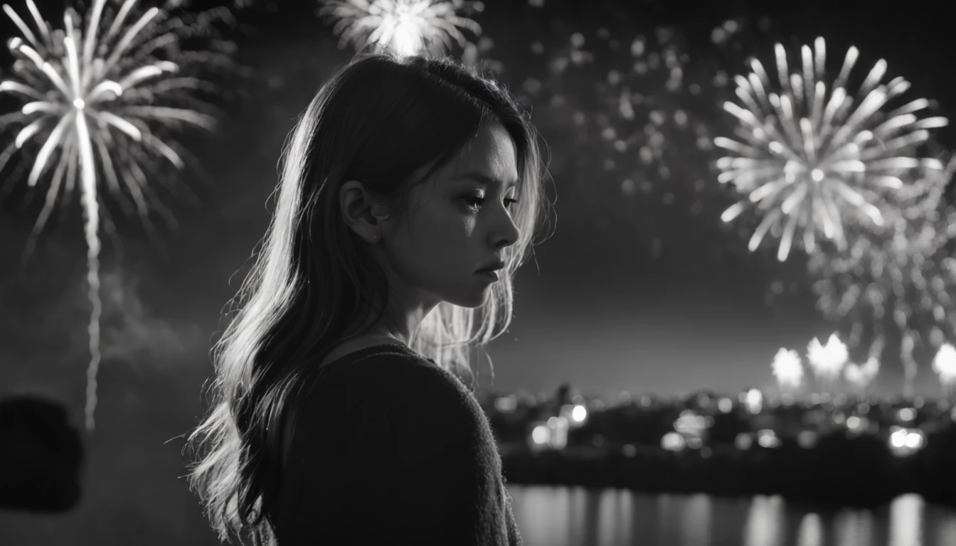 backlighting ((silhouette)), (masterpiece), photorealistic of 1girl, sad, look down, in sorrow, from behind, full body, ((windblown hair)), best proportion, outdoor, night scene, ((monochrome)), (((fireworks))), bokeh, wideshot, ((Black and white)), ((grayscale)), from below