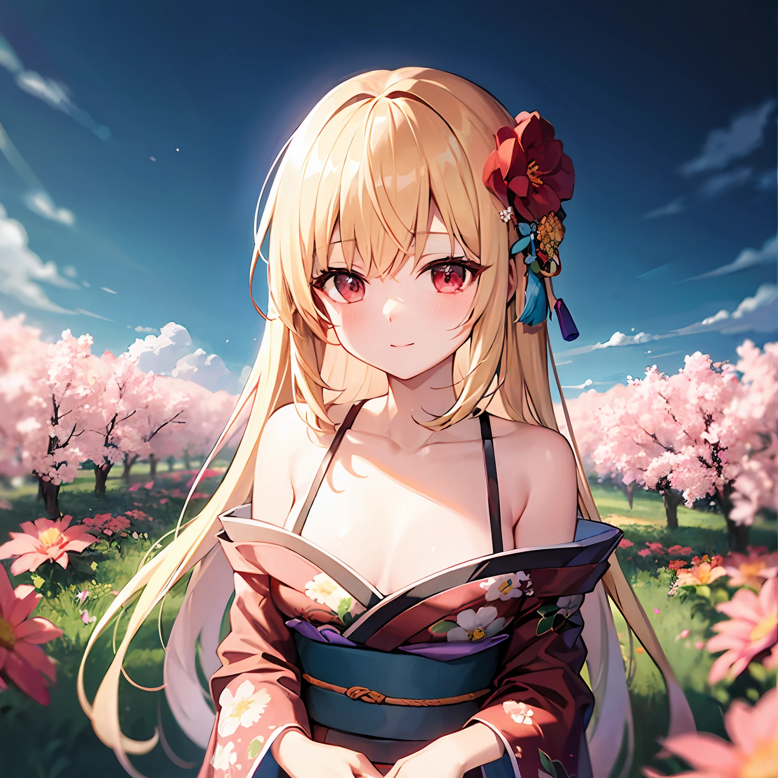 a blond、red eyes、Beautiful girl alone、Floral kimono、off shoulders、flower field、