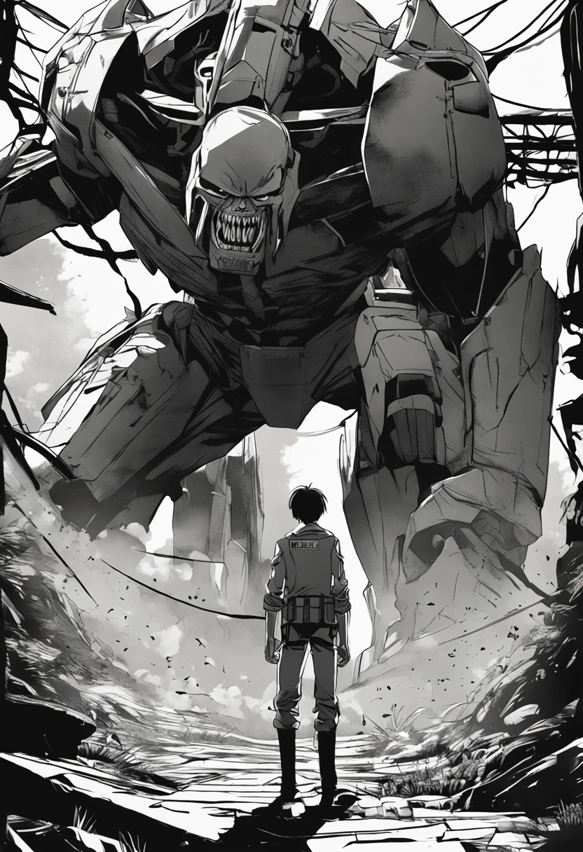 Generate a moody and emotionally black and white movie poster in the style of Hajime Isayama's Attack on Titan. The poster should prominently feature Eren Jaeger, wearing a Paradis Island uniform and ODM gear, looking up in fear at a colossal titan.