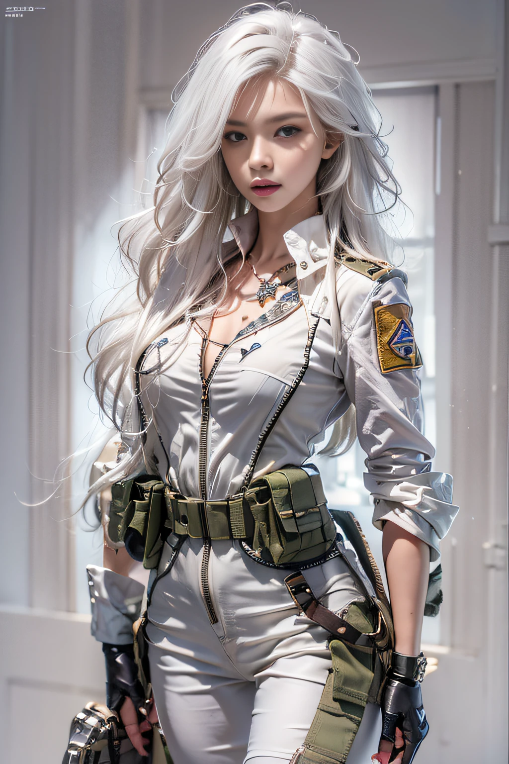 Photorealistic, high resolution, 1womanl, Solo, Hips up, view the viewer, (Detailed face), White hair, Long hair, army suit, jewelry